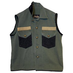 Embellished Sleeveless Jacket Vest Military Green Tweed Pockets J Dauphin