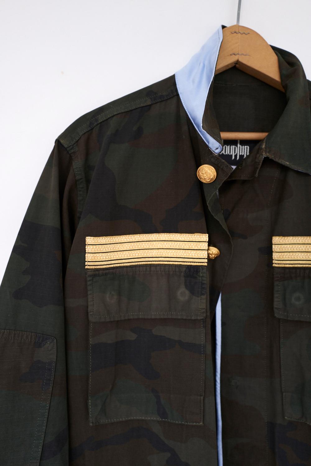 Black Embellished Camouflage aJacket Military Gold Button Green Blue Silk J Dauphin