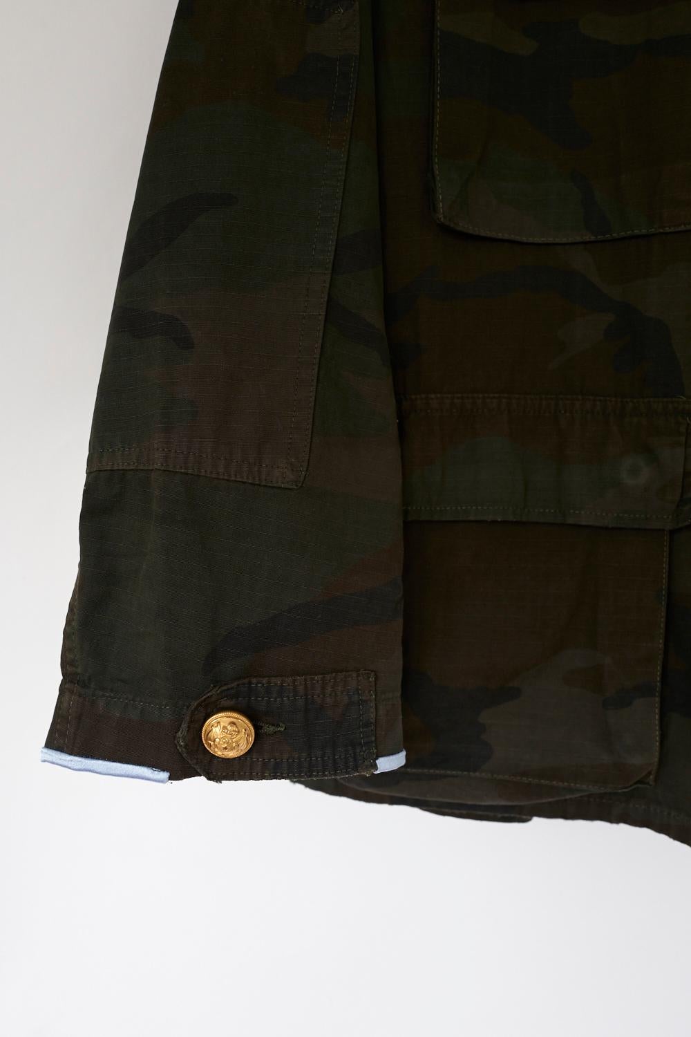 Embellished Camouflage aJacket Military Gold Button Green Blue Silk J Dauphin In New Condition In Los Angeles, CA