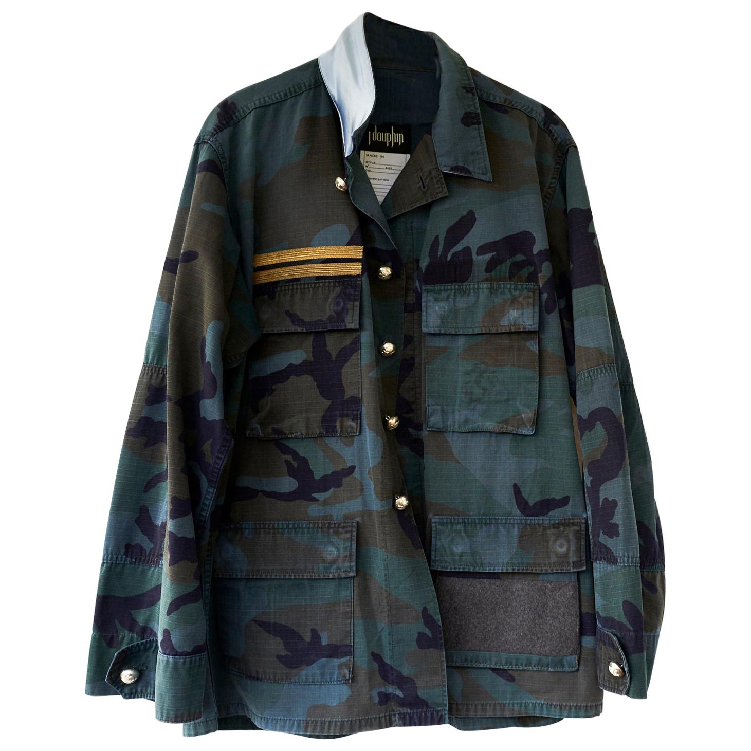 Embellished Camouflage Jacket Petroleum Blue Silver Button Silk J Dauphin