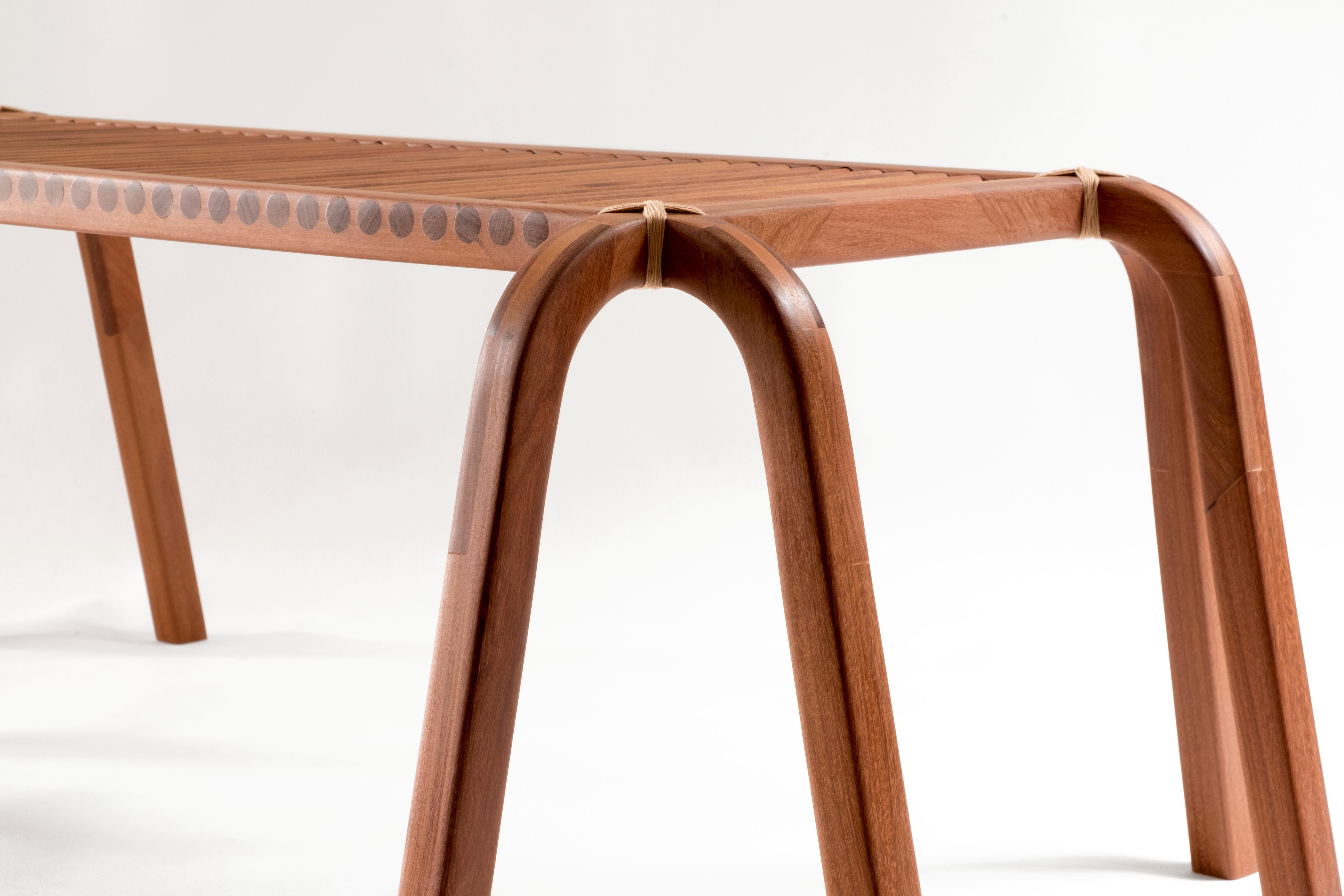 Woodwork Embira Bench: made in Brazil with pink jequitba wood and natural dyed yarns For Sale