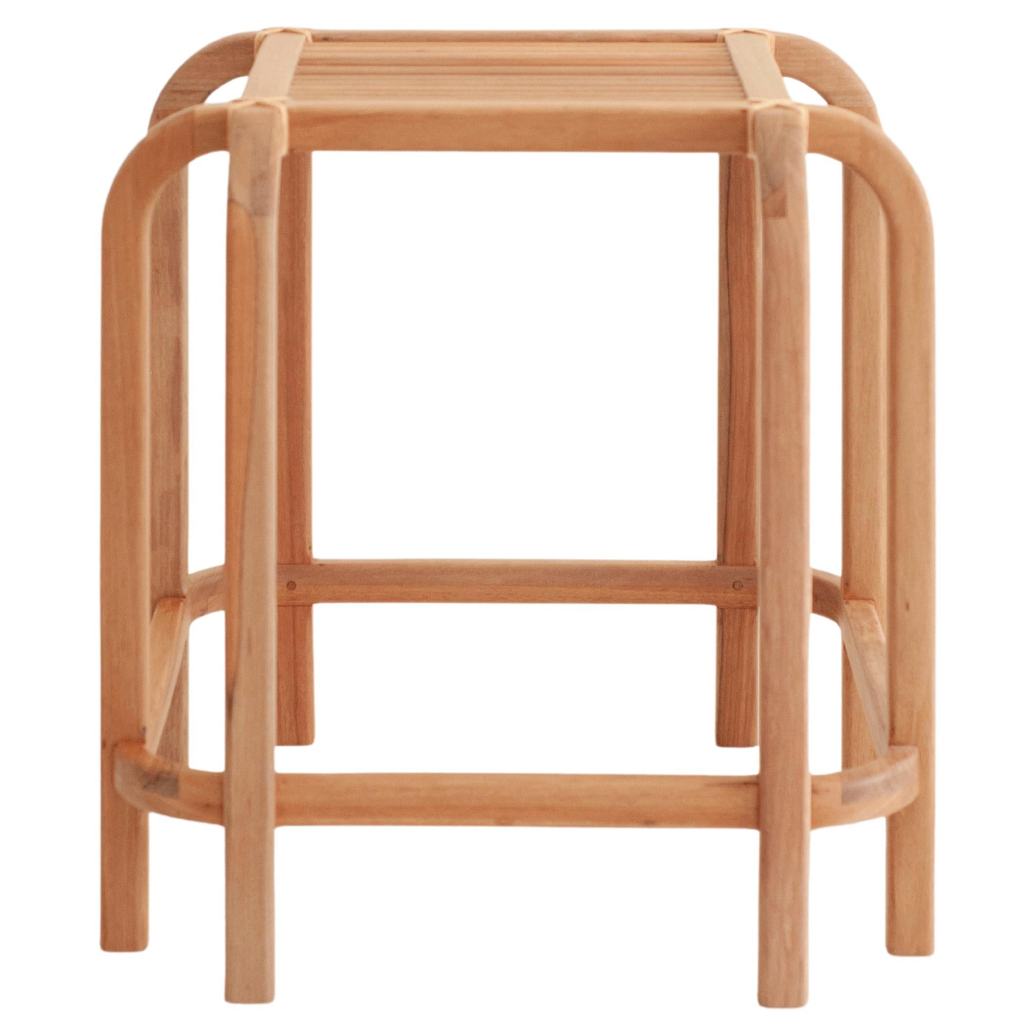 Embira High Stool: made in Brazil with pink jequitba wood and natural dyed yarns
