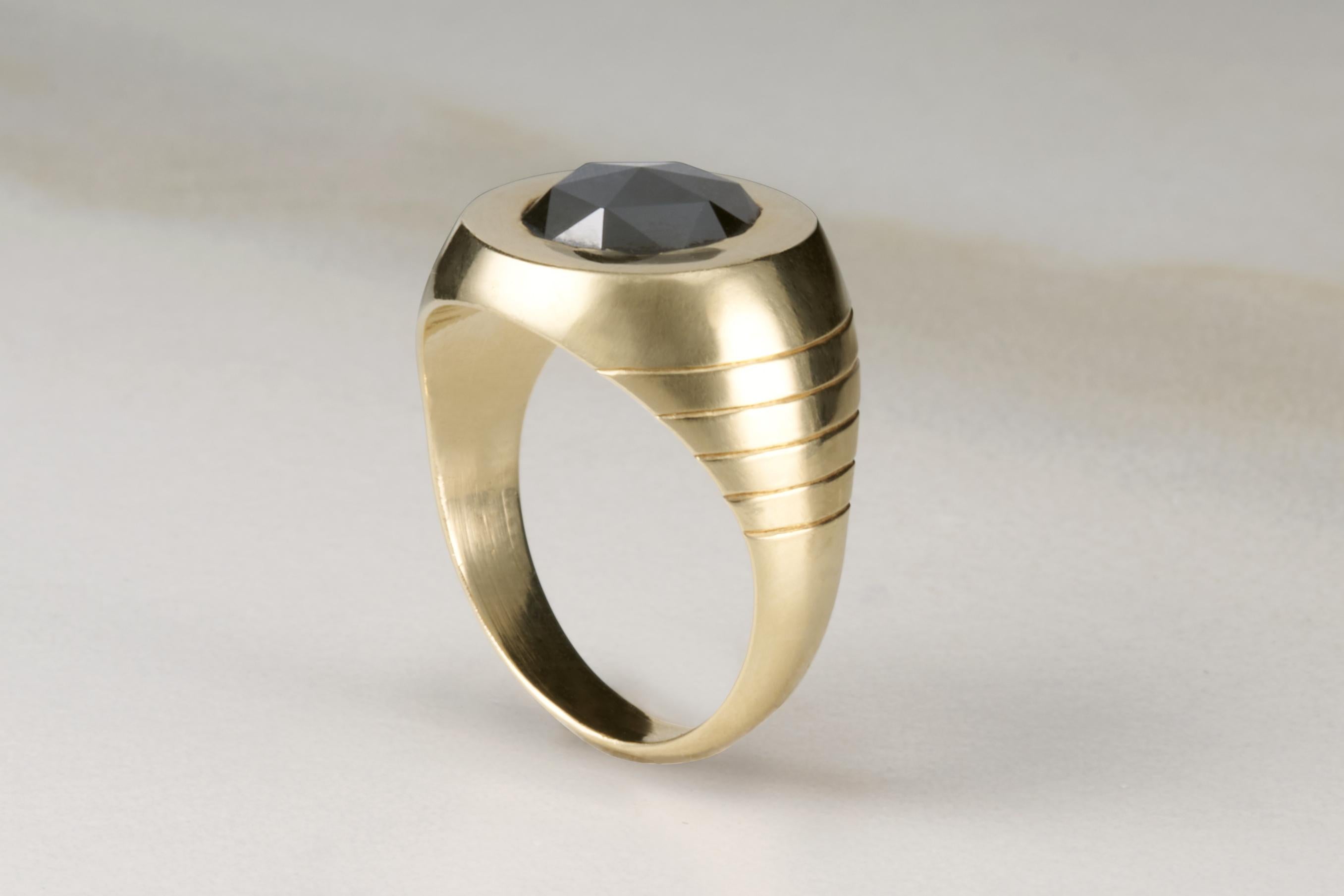 For Sale:  EMBLM 2ct Black Rose Cut Diamond Signet Ring – 14k Gold, Hand Engraved Detail 3