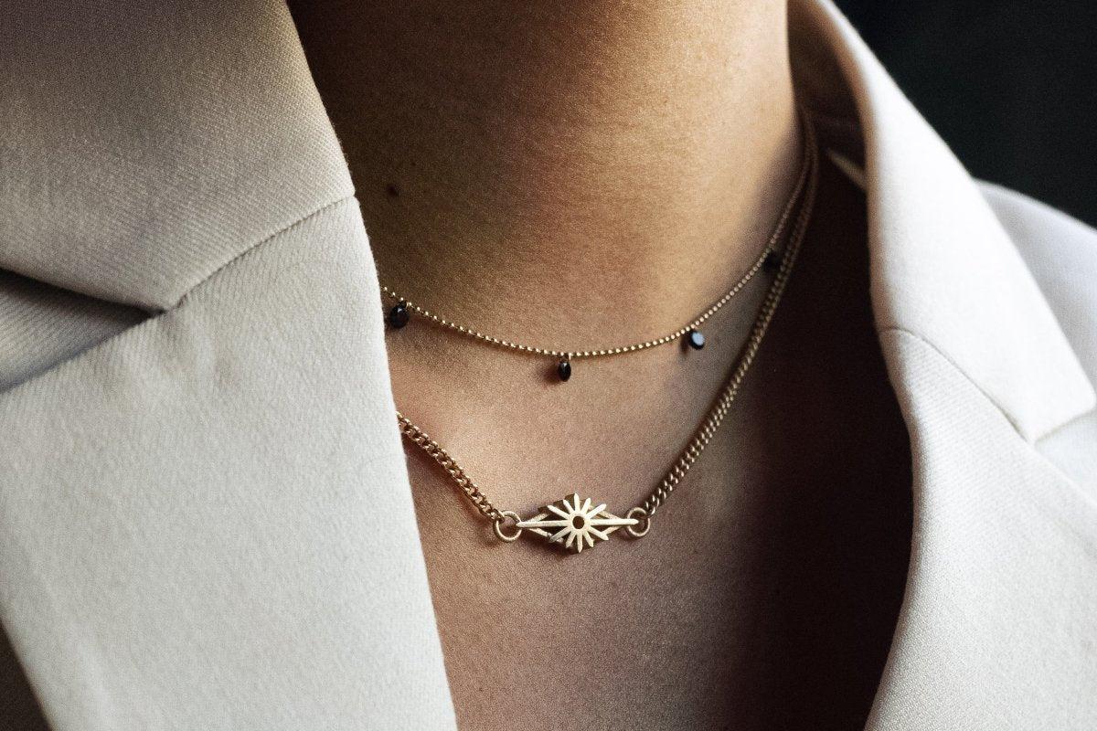 The Floating Black Diamond Necklace – designed and handmade by EMBLM Fine Jewelry

Like moonlight reflecting off of waves, the five black brilliant cut diamonds appear to float along the gold ball chain, a reminder to move with the tides of life.