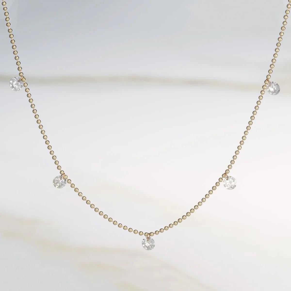 Women's or Men's EMBLM Floating Diamond Necklace – 14k Gold Ball Chain, White Diamonds For Sale