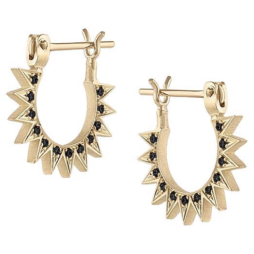 EMBLM Pavé Baby Spur Hoop Earrings– 14k Yellow Gold, Black Diamonds, Star Design For Sale