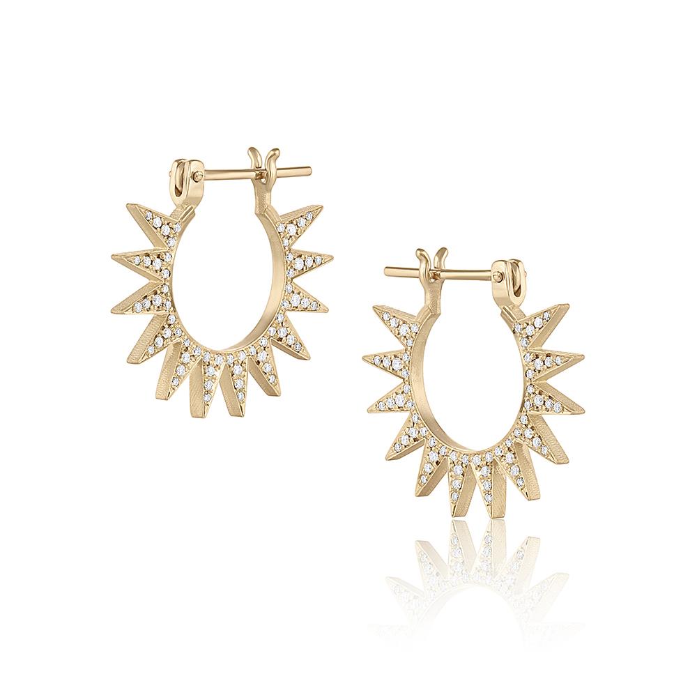 Women's or Men's EMBLM Pavé Spur Hoop Earrings– 14k Yellow Gold, White Diamonds, Star Design For Sale