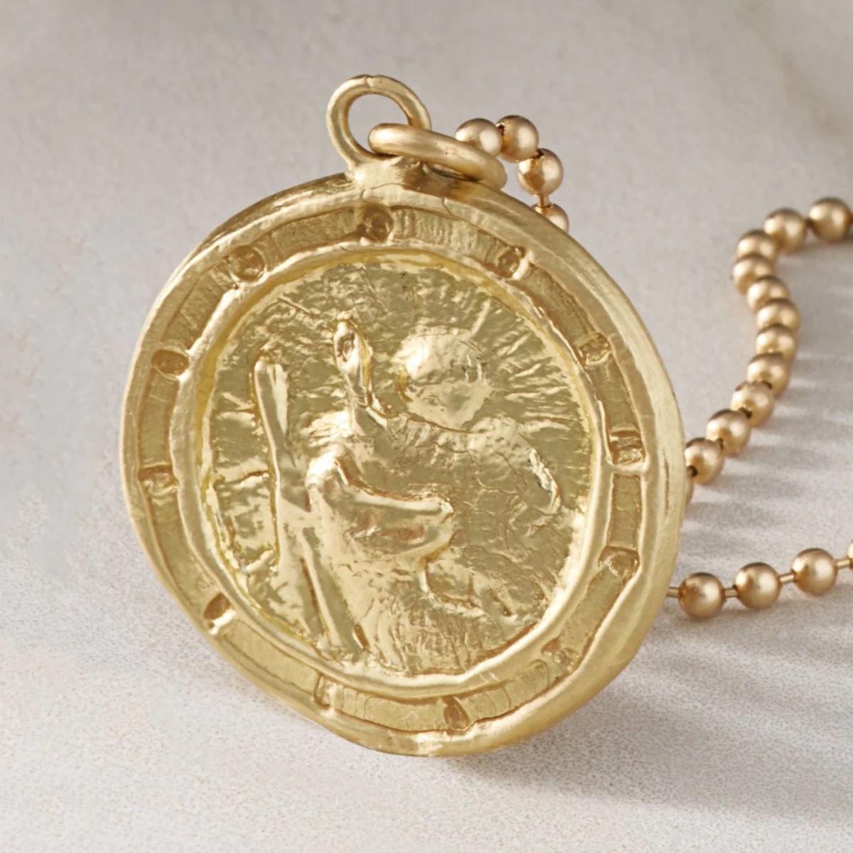 Women's or Men's EMBLM Saint Christopher Pendant – 14k Solid Gold, Hand Carved, Medallion  For Sale