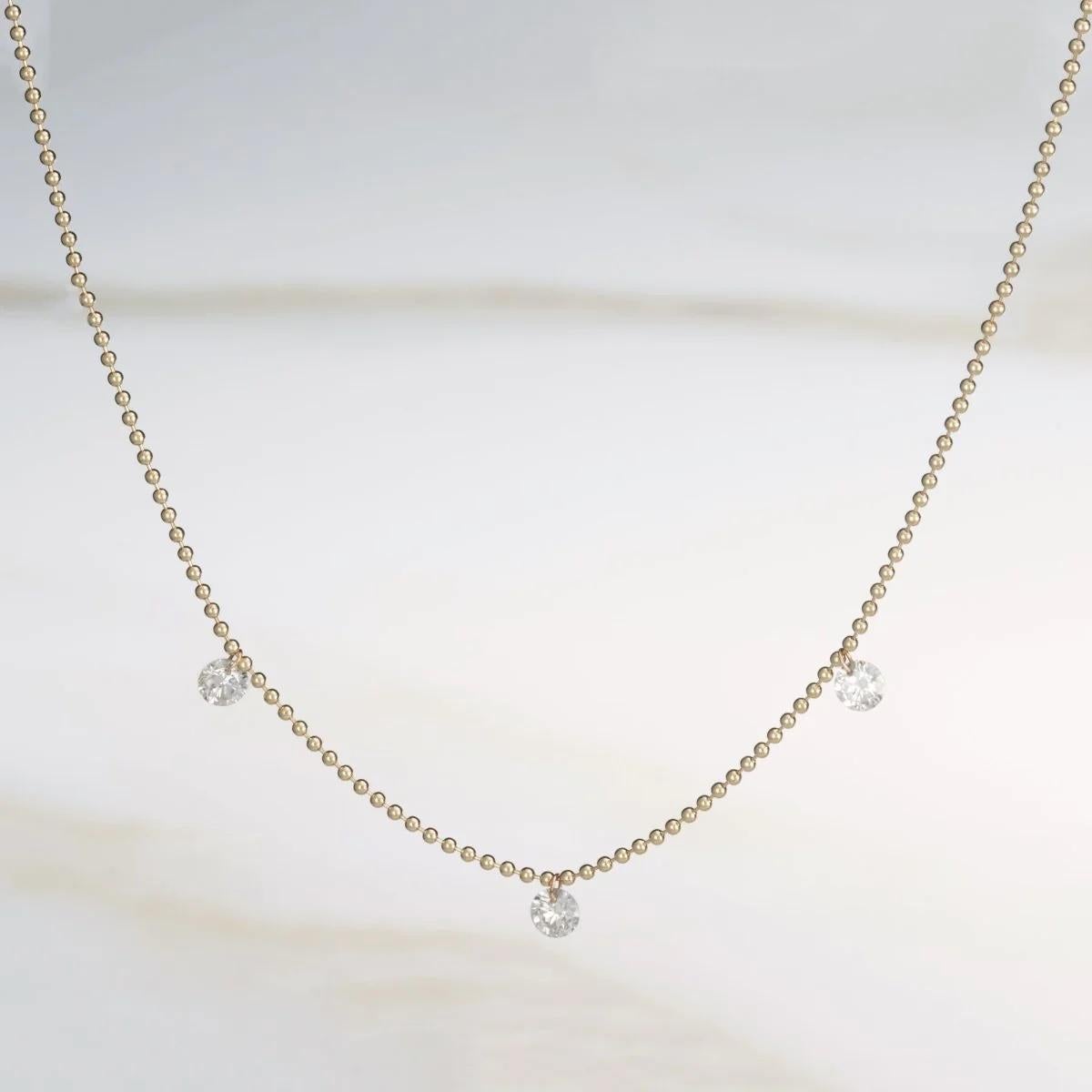 EMBLM Dreifach schwimmende Diamant-Halskette - 14k Gold Kugelkette, weiße Diamanten (Brillantschliff) im Angebot