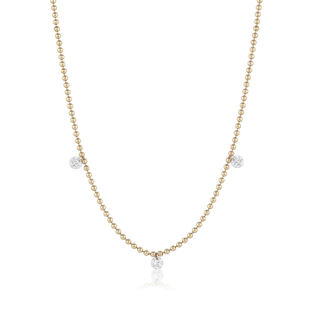 EMBLM Triple Floating Diamond Necklace – 14k Gold Ball Chain, White Diamonds In New Condition For Sale In Los Angeles, CA