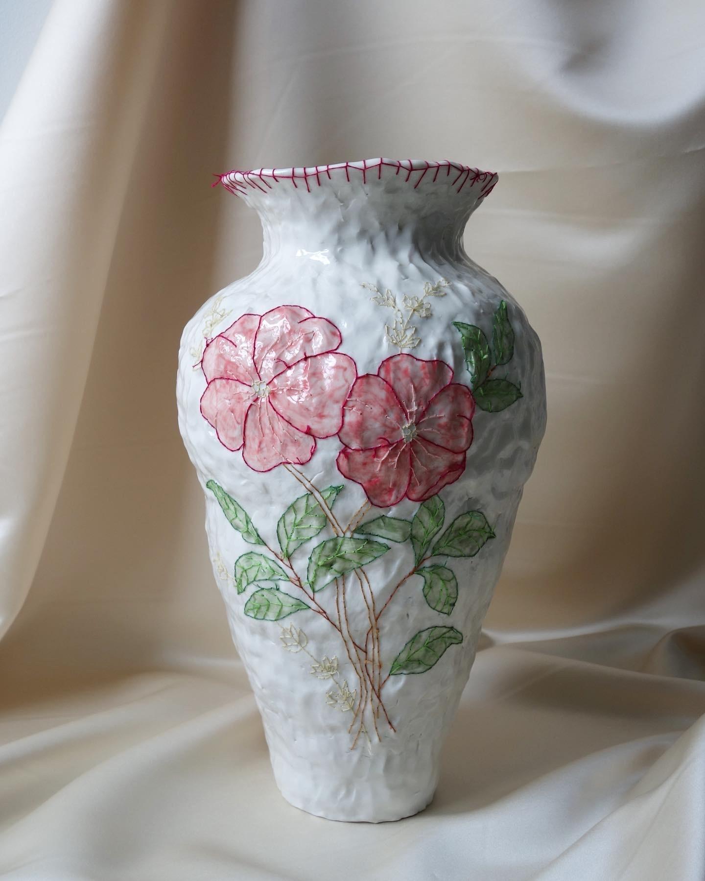 Emboridery Vase by Caroline Harrius
Dimensions: 45 H cm
Material: Porcelain

The pieces with emboridery is about 45 cm high, coiled in porcelain, painted with slip, glazed on the outside. After the final firing they are emboridered with a cotton