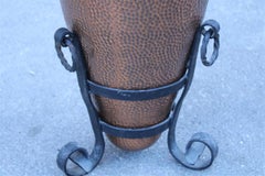 Embossed and Hammered Copper Umbrella Stand Italy 1950s Forged Iron Base