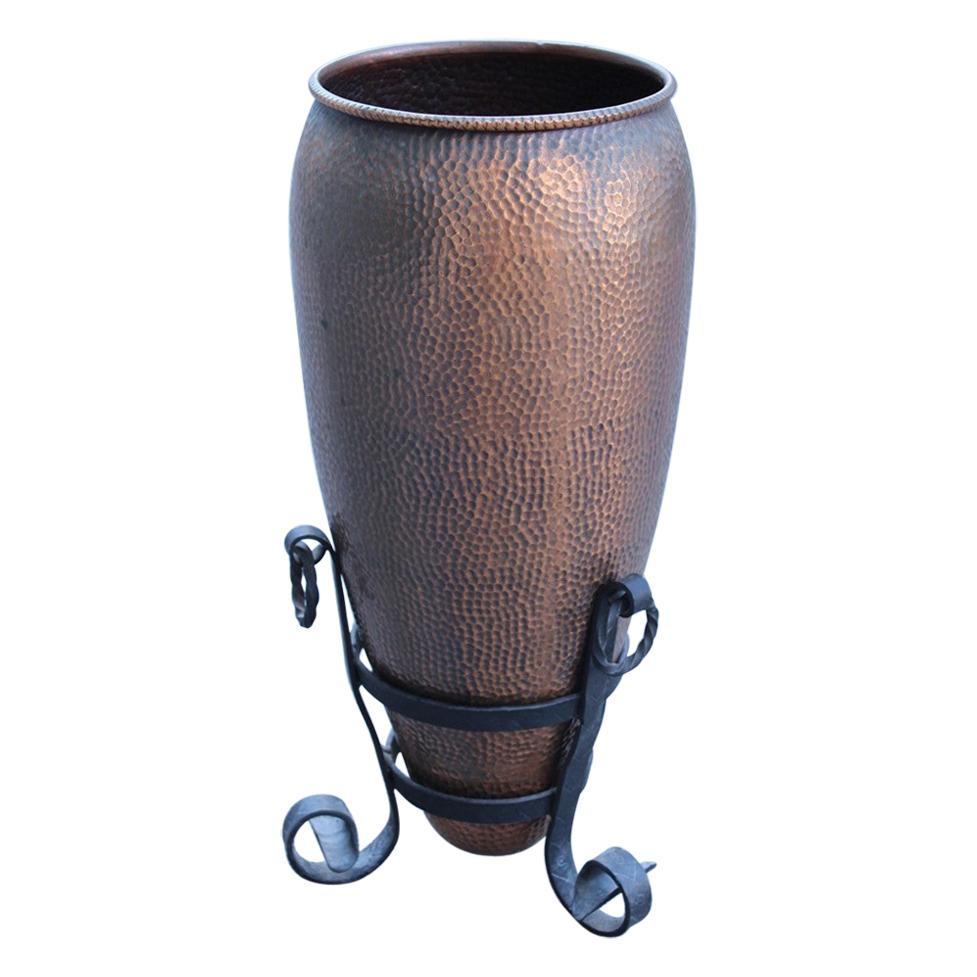 Embossed and Hammered Copper Umbrella Stand Italy 1950s Forged Iron Base For Sale