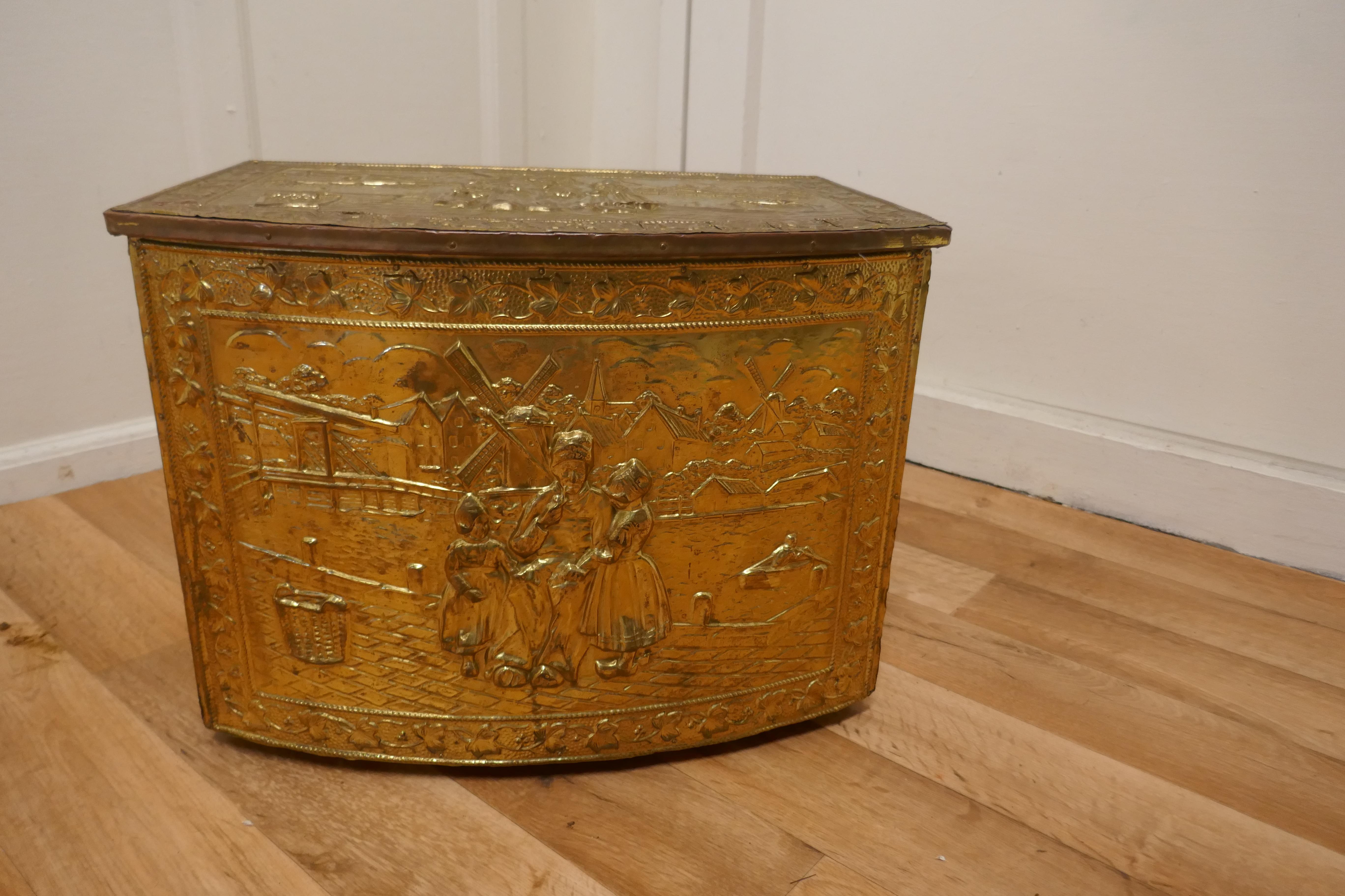 20th Century Embossed Arts and Crafts Brass Log or Coal Box with Dutch Scenes For Sale