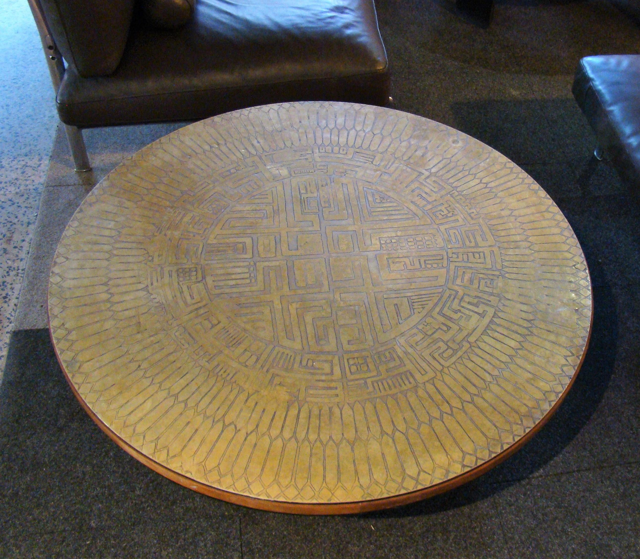 Italian Embossed Brass and Walnut Round Coffee Table Artist Signed, G. Urso, Italy