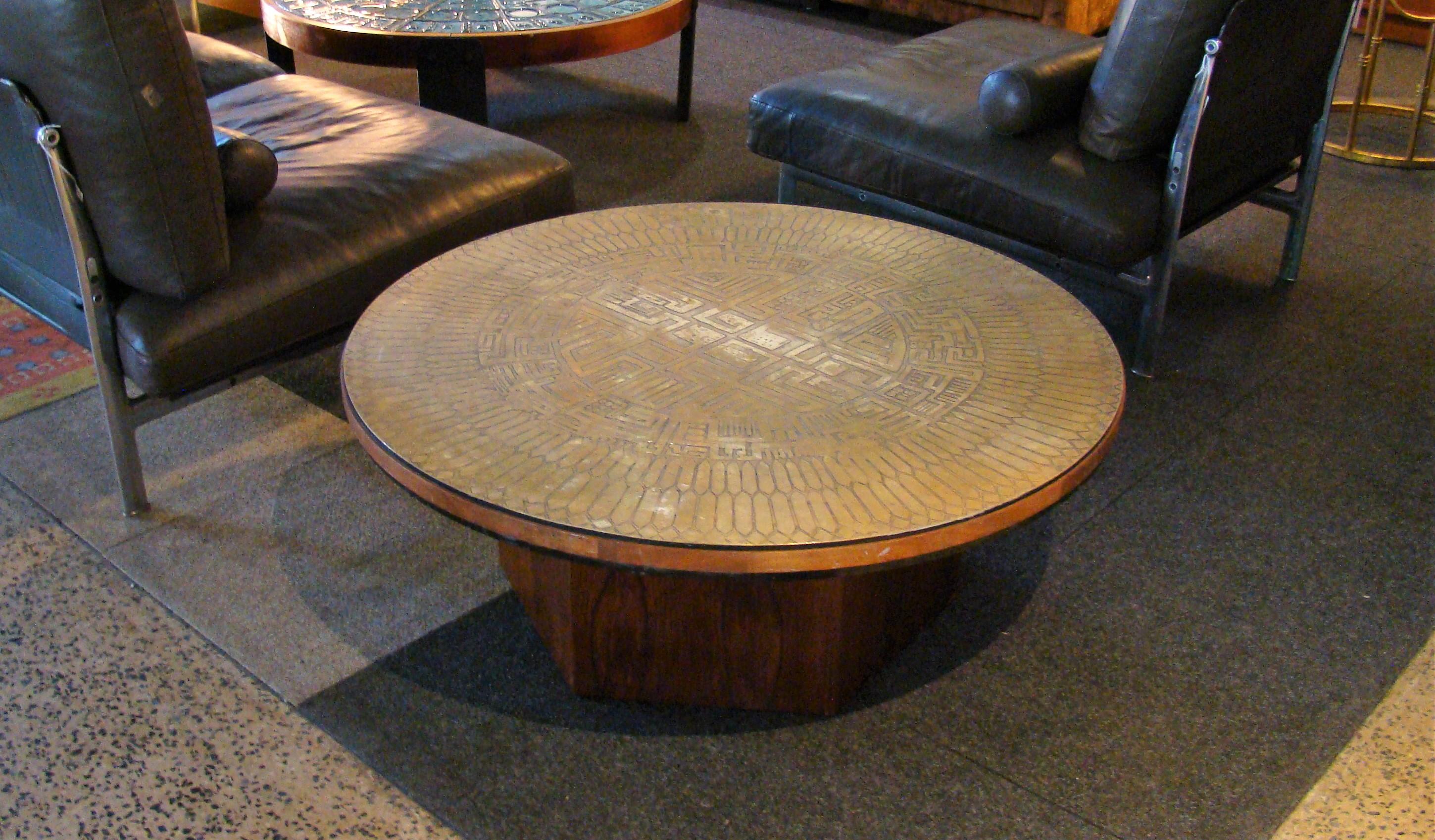 Embossed Brass and Walnut Round Coffee Table Artist Signed, G. Urso, Italy In Fair Condition In Denver, CO
