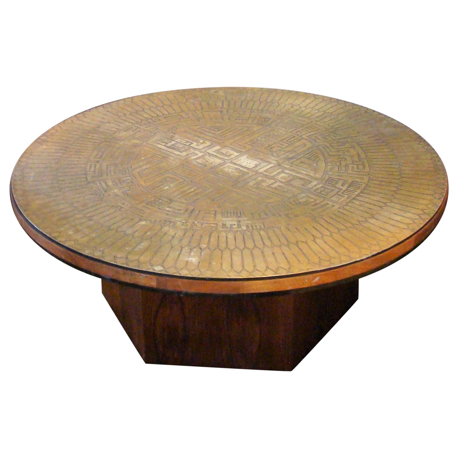 Embossed Brass and Walnut Round Coffee Table Artist Signed, G. Urso, Italy