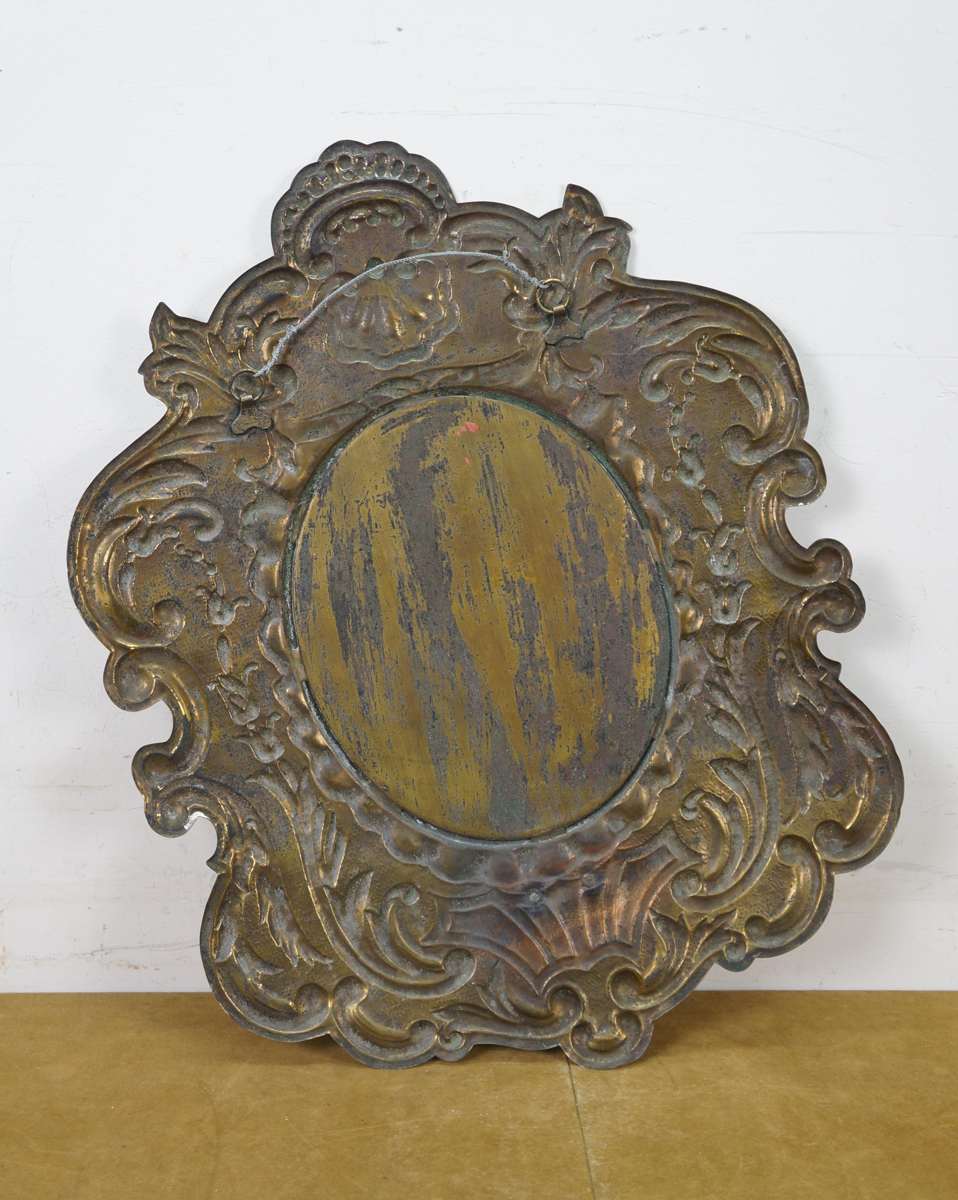 Embossed Brass Beveled Oval Repousse Scalloped Acanthus Wall Mirror 28