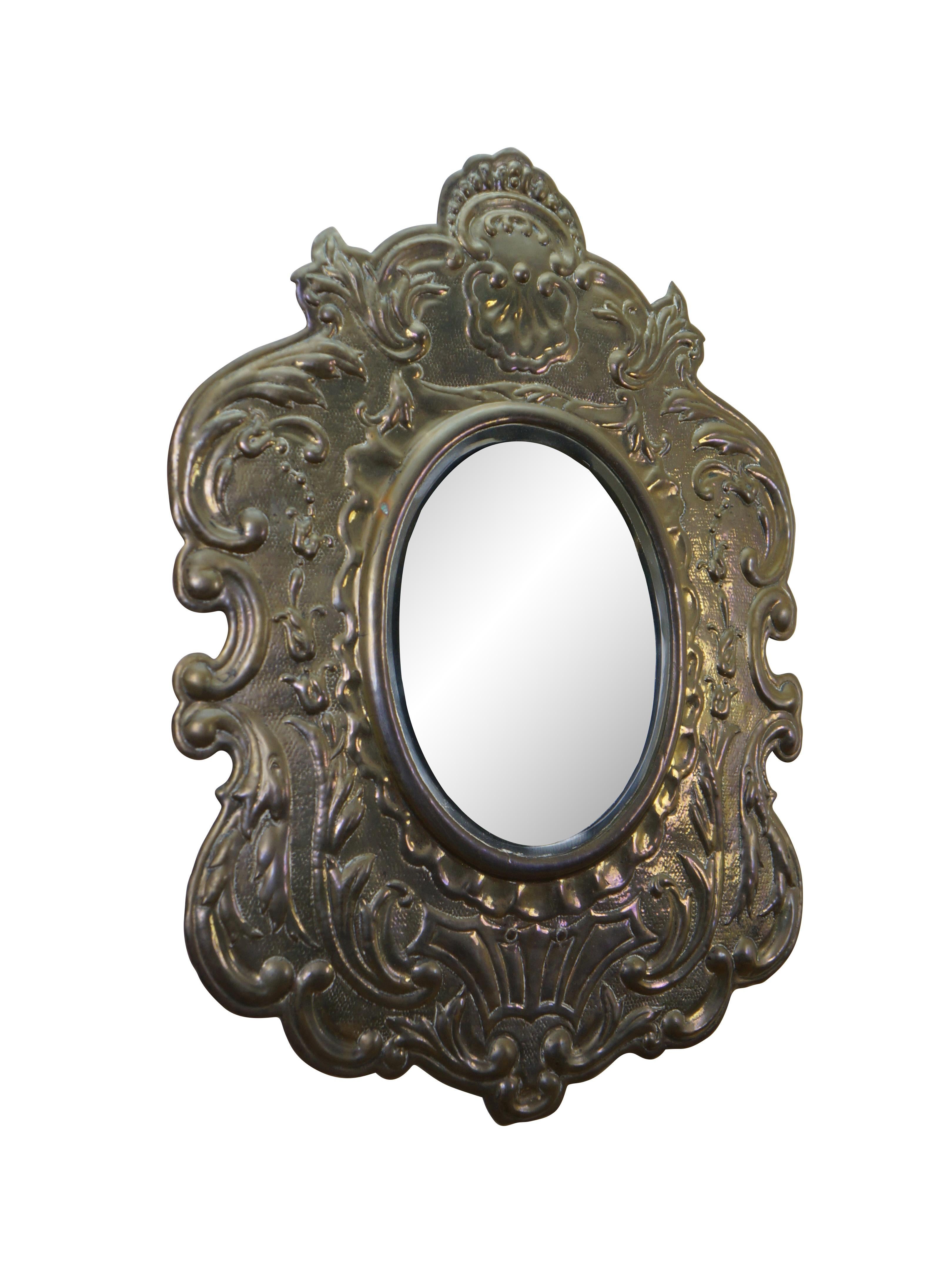 Victorian Embossed Brass Beveled Oval Repousse Scalloped Acanthus Wall Mirror 28
