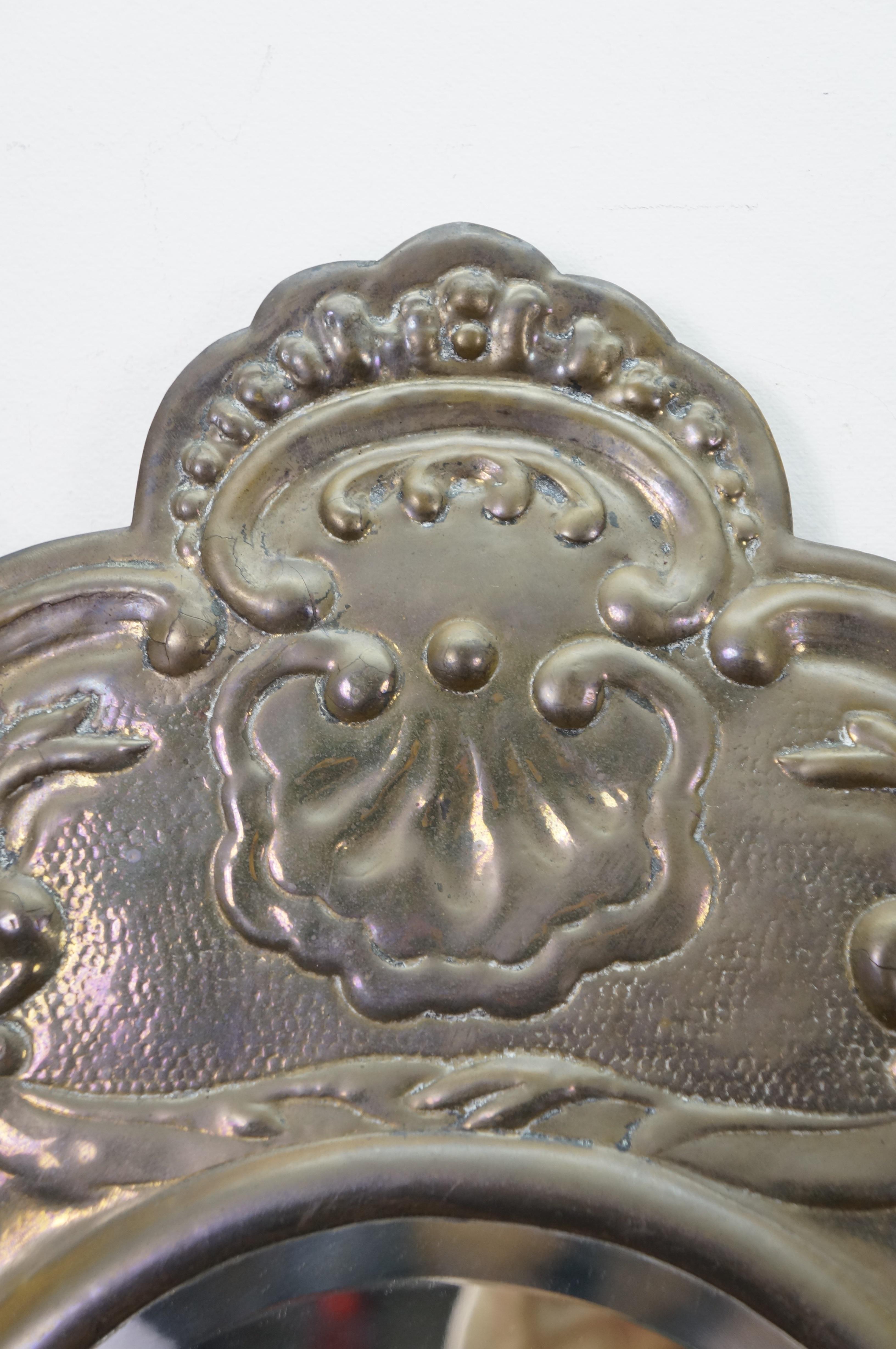 Embossed Brass Beveled Oval Repousse Scalloped Acanthus Wall Mirror 28