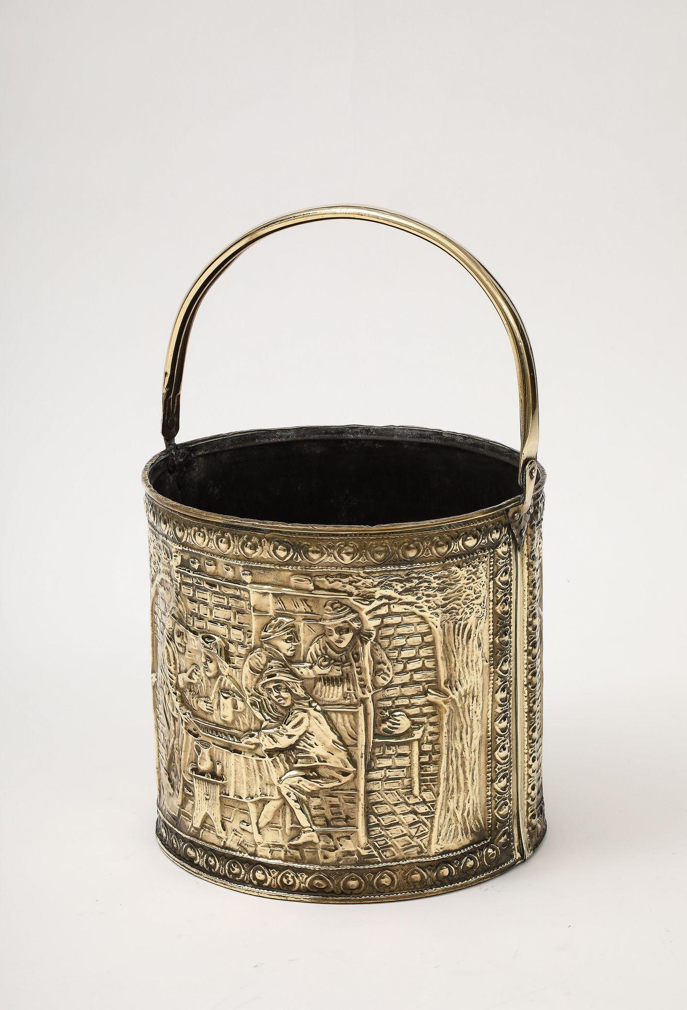 Embossed Brass Bucket In Good Condition In Greenwich, CT