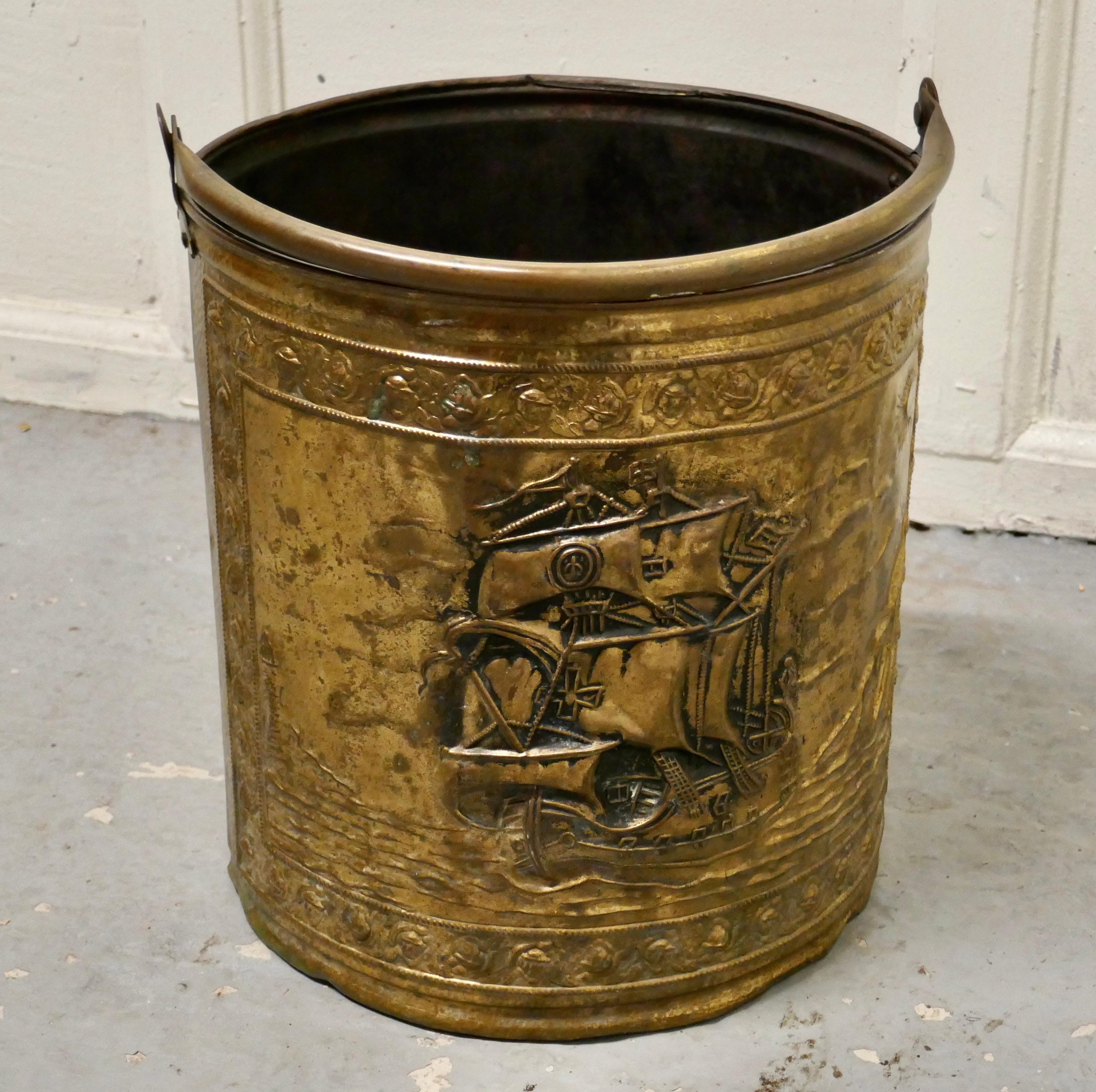  Embossed Brass Coal Bucket with a Tea Clipper Sea Scene In Good Condition In Chillerton, Isle of Wight