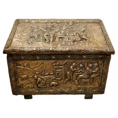 Antique Embossed Brass Log Box, with Country Scenes