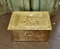 Embossed Brass Log or Coal Box, or Slipper Box with Tavern Scenes