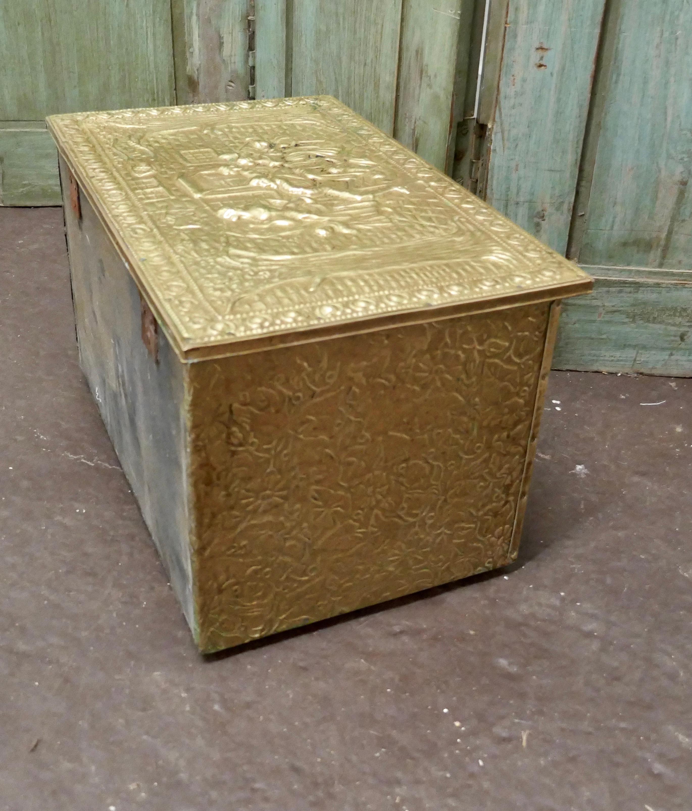 Country Embossed Brass Log or Coal Box, or Slipper Box with Tavern Scenes