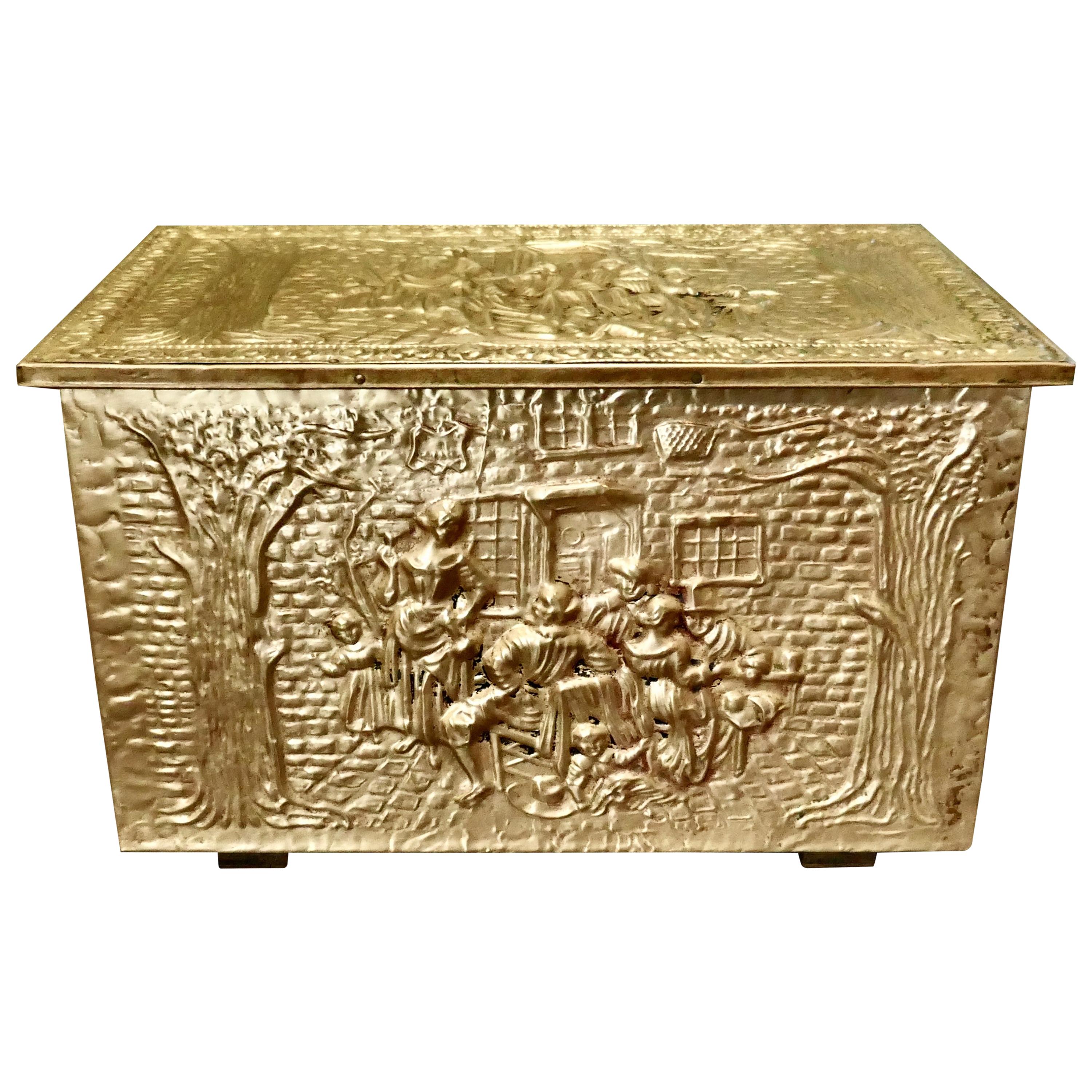 Embossed Brass Log or Coal Box, or Slipper Box with Tavern Scenes