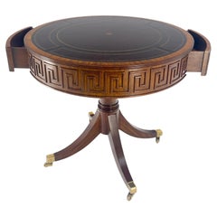 Embossed Burgundy Leather 36" Diameter Mahogany Drum Game Table Gueridon MINT