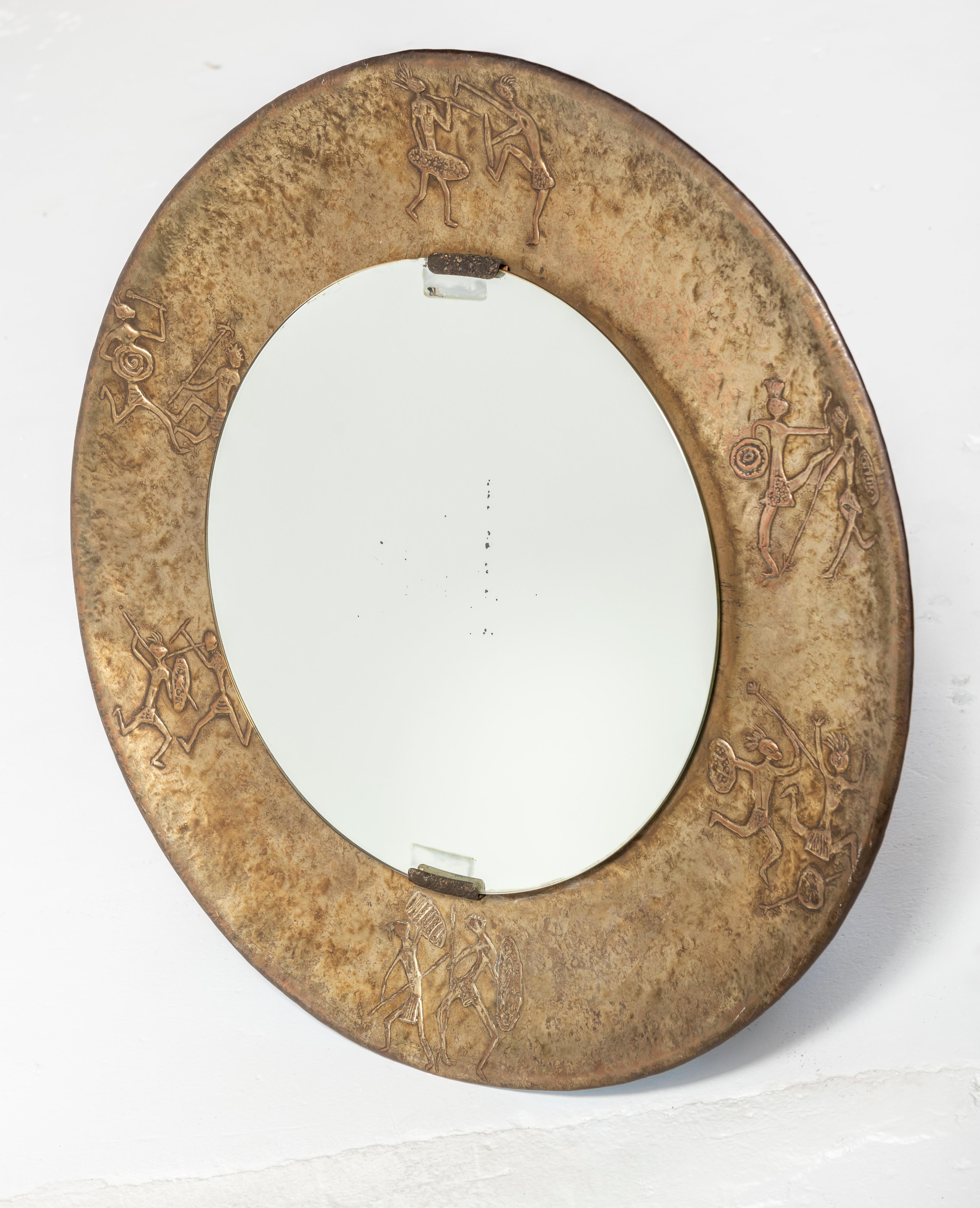 Engraved Embossed Copper Mirror by Angelo Bragalini For Sale
