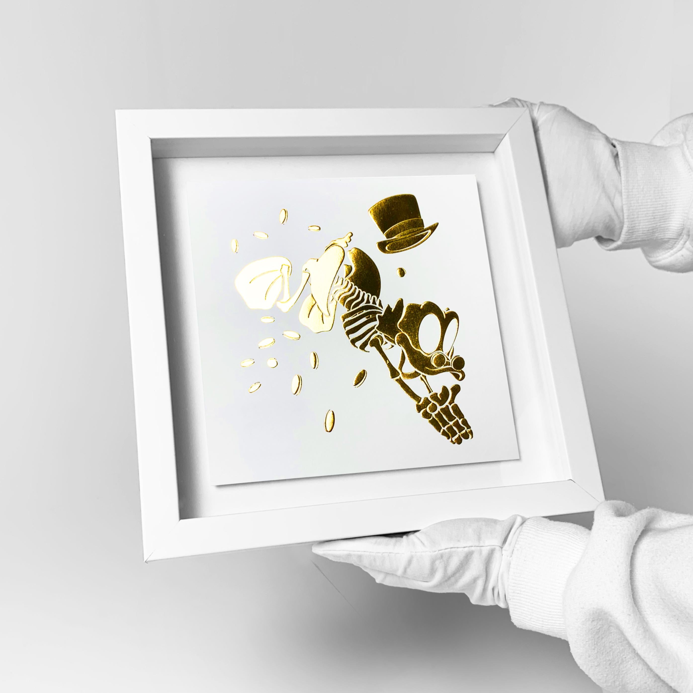 A striking and collectible work by contemporary artist Alessandro Paglia, this embossed golden limited edition print, Scrooge, is presented in a made-to-measure frame with museum-quality glass, offering both protection and a gallery-ready