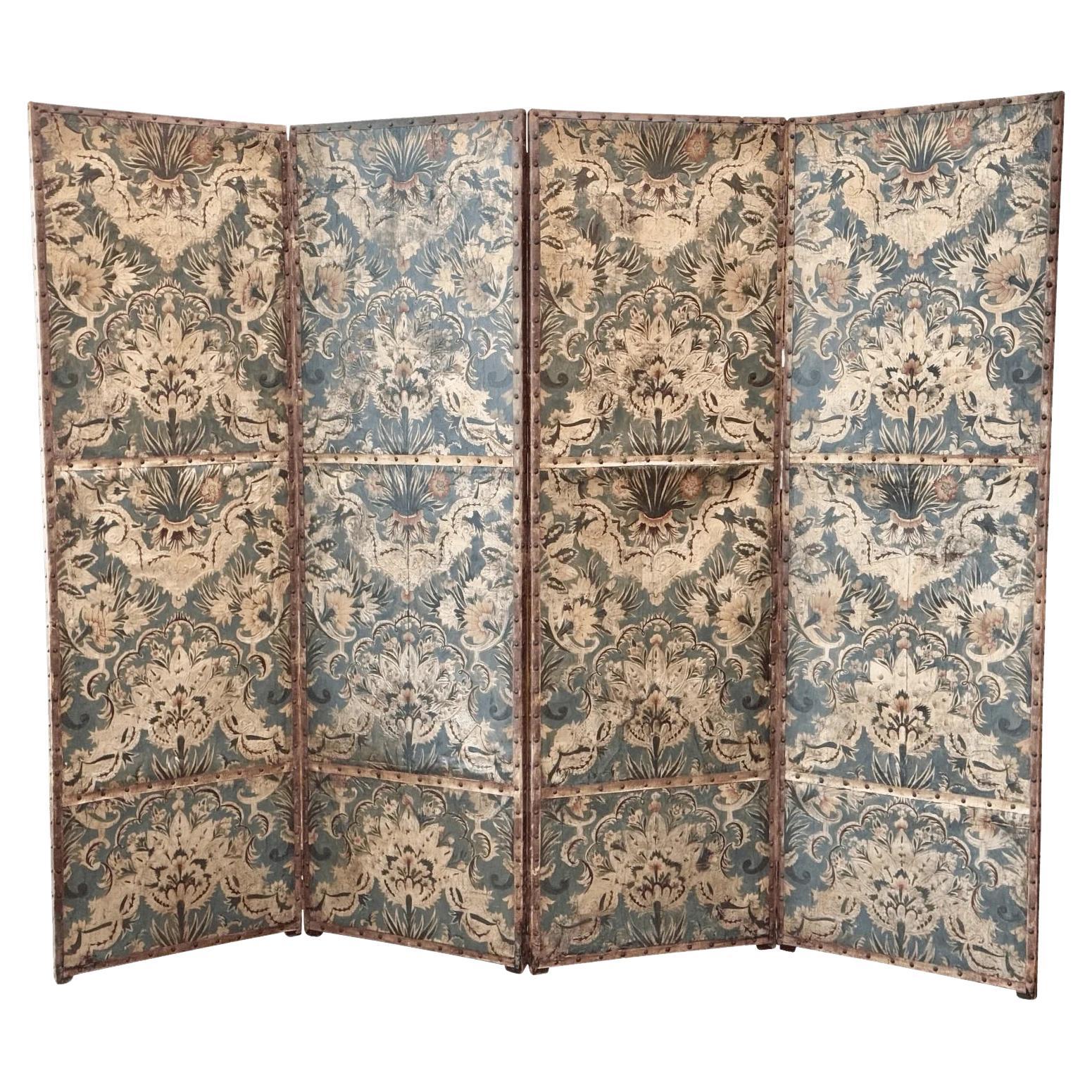 Embossed Leather 4-Panel Screen, Pale Green and golds - 18th Century