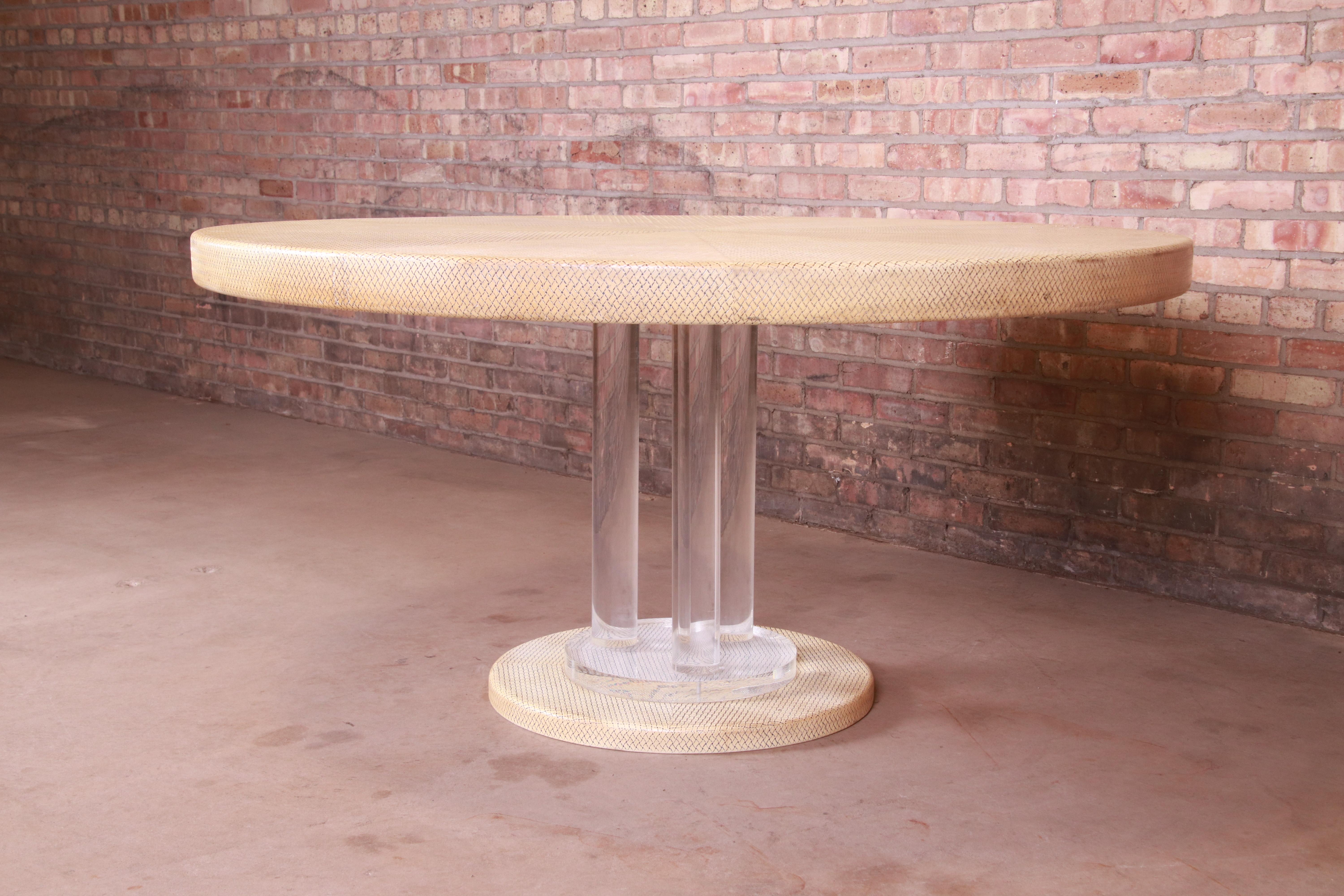 Mid-Century Modern Embossed Leather and Lucite Pedestal Dining Table in the Manner of Karl Springer