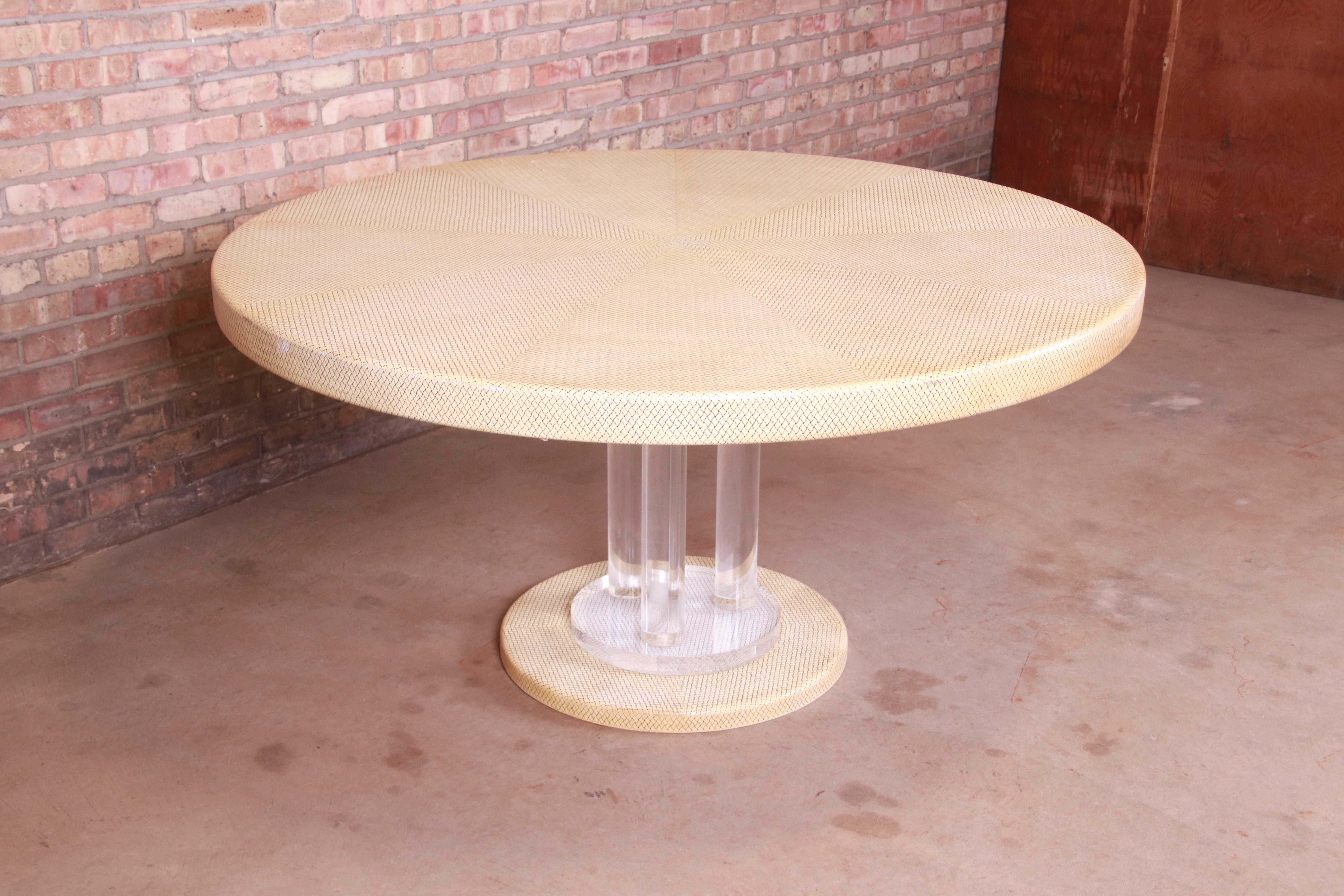 American Embossed Leather and Lucite Pedestal Dining Table in the Manner of Karl Springer