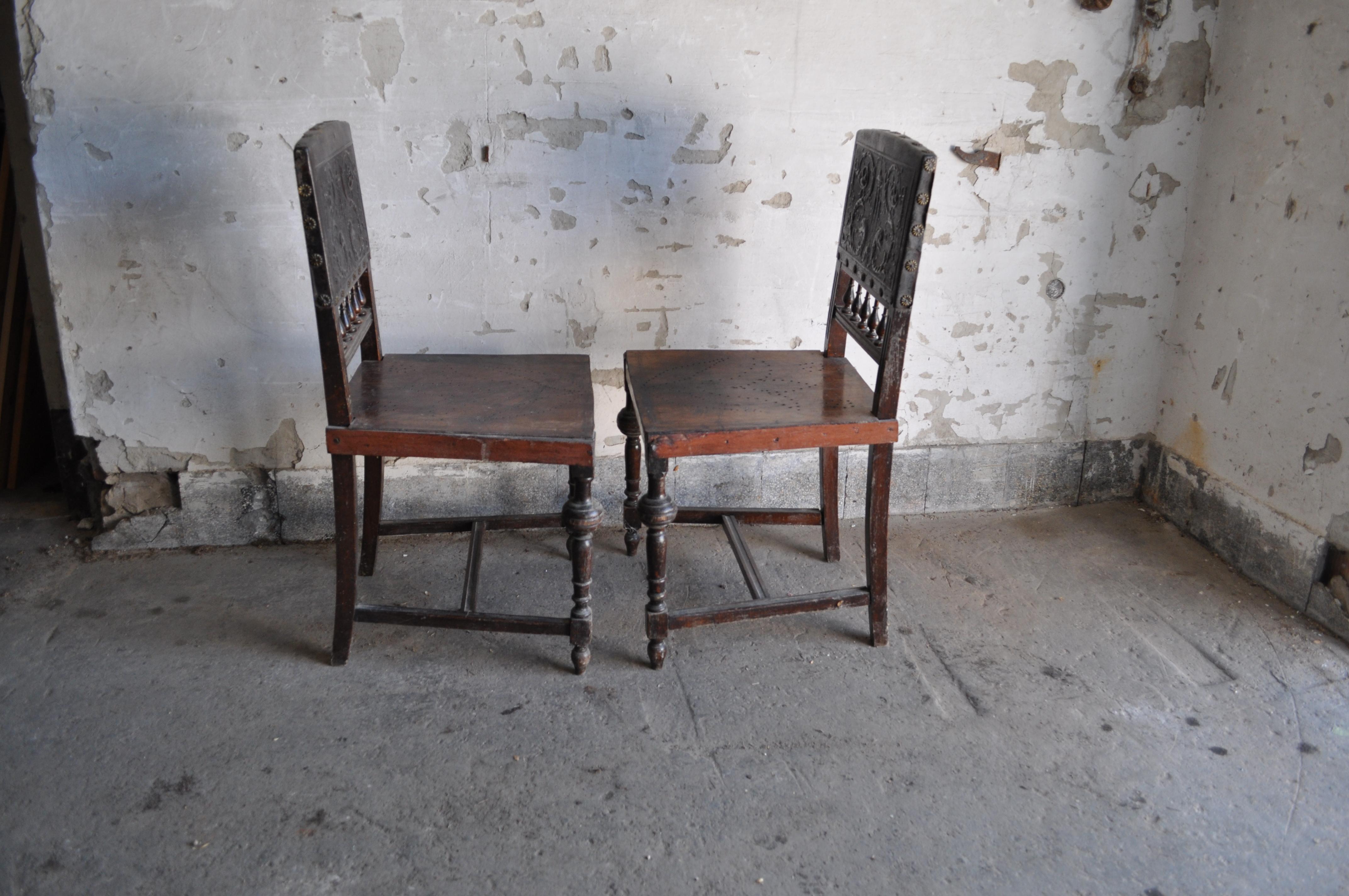Vienna Secession Embossed Leather Dining Chairs, Pair, circa 1900s For Sale