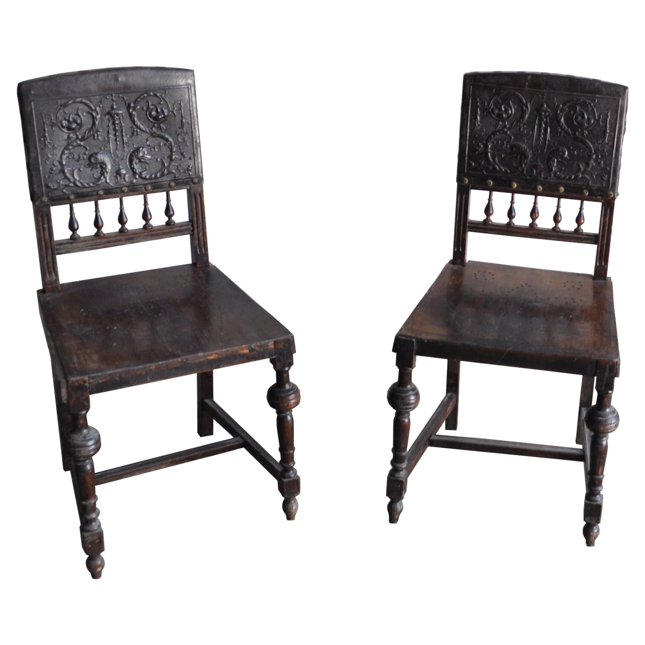Embossed Leather Dining Chairs, Pair, circa 1900s For Sale