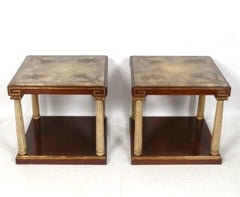 Embossed Leather Greek Key End Tables Neoclassical Robsjohn Gibbings Style Deco