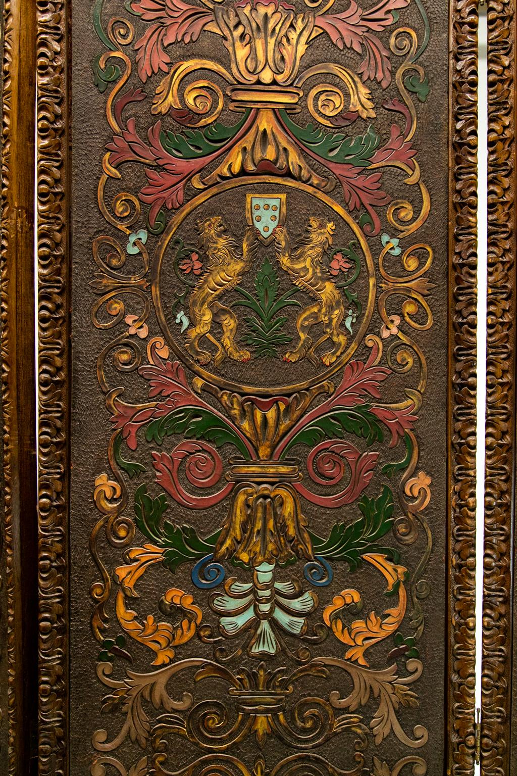 English Embossed Leather Three-Panel Screen