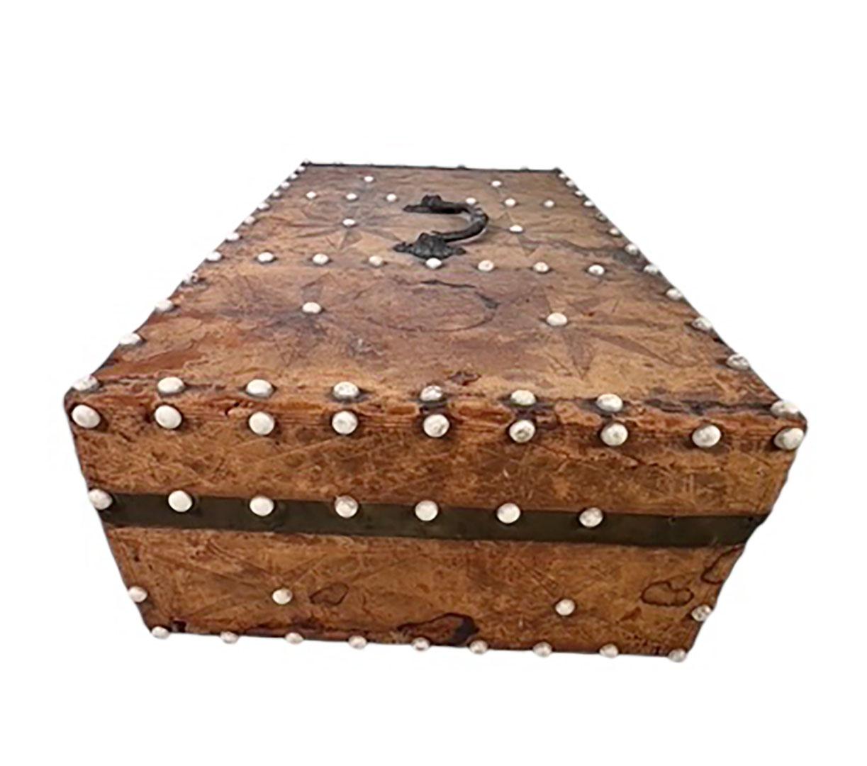 A rare North American embossed leather traveling desk/document box dating to 1825. This finely crafted piece features richly tooled leather panels and decorative mother-of-pearl studs that highlight its refined design. The interior was designed to