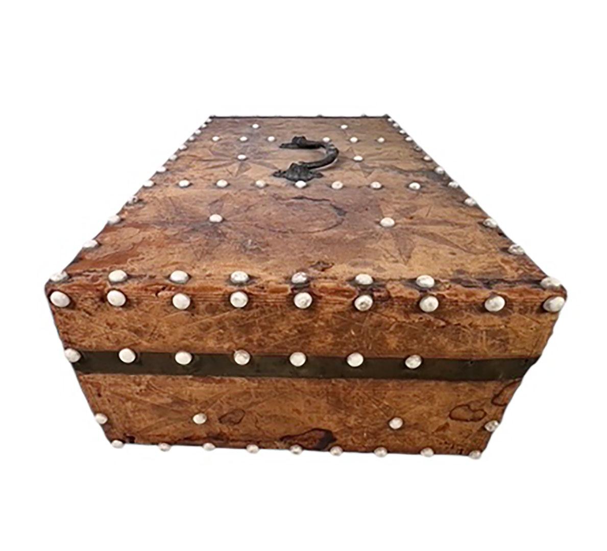 Early 19th Century Embossed Leather Traveling Desk Box With Mother of Pearl Studs For Sale