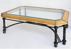 Embossed Leather Wrapped Perimeter Iron Coffee Table, Inset Beveled Glass Top