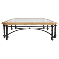 Embossed Leather Wrapped Perimeter Iron Coffee Table, Inset Beveled Glass Top