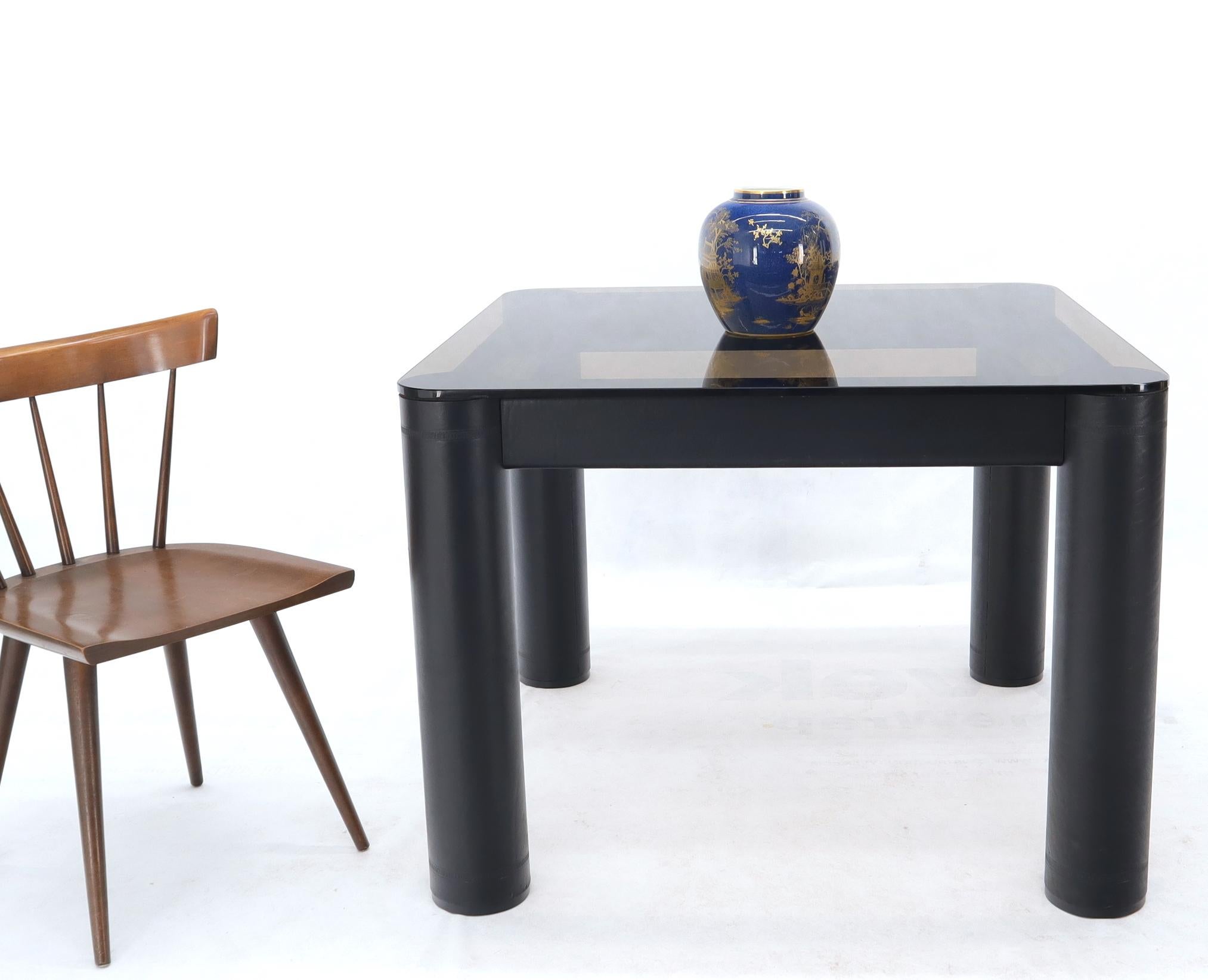 Mid-Century Modern Embossed Leather Wrapped Square Rounded Corners Game Table with Smoked Glass Top