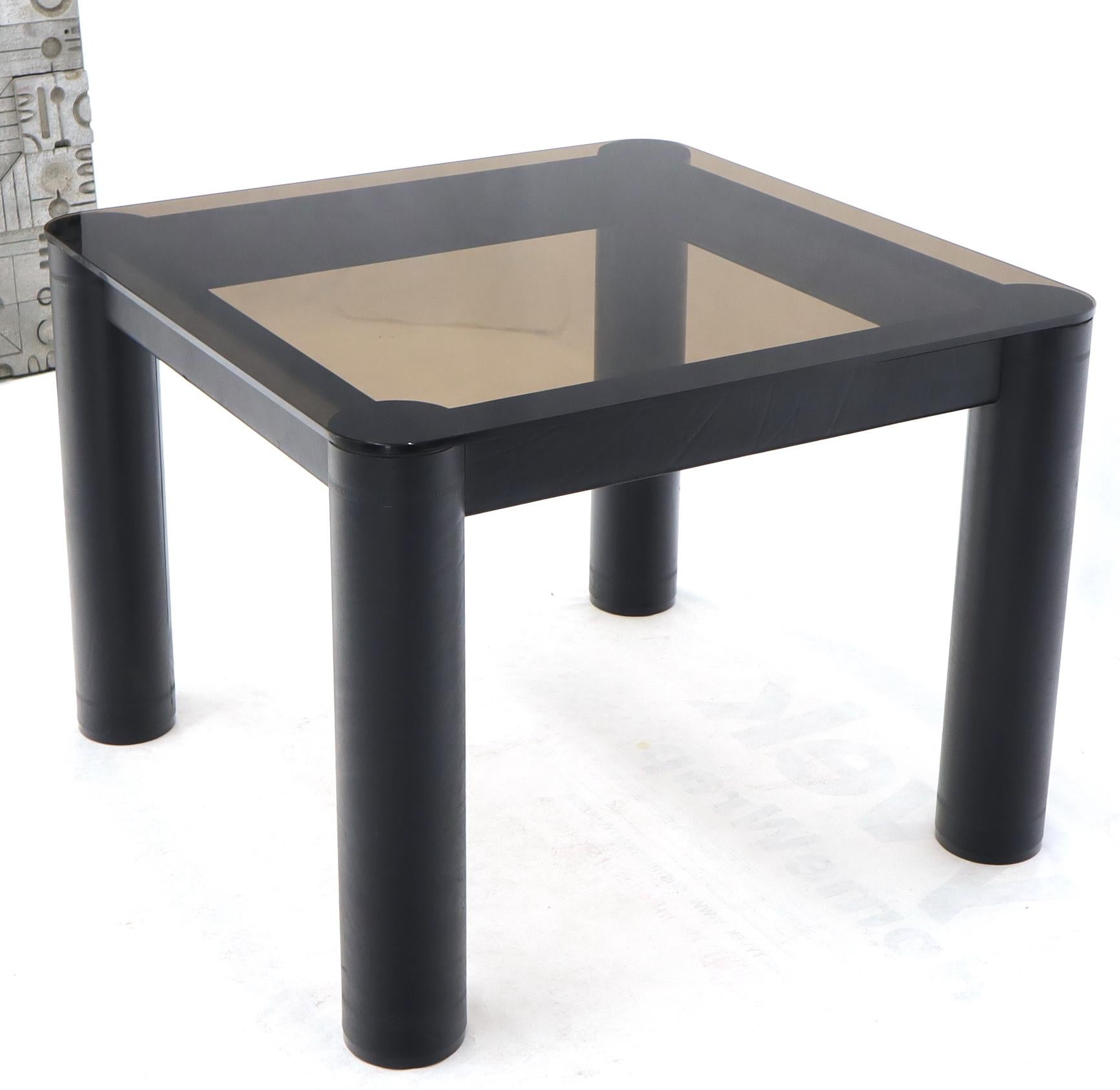 Italian Embossed Leather Wrapped Square Rounded Corners Game Table with Smoked Glass Top