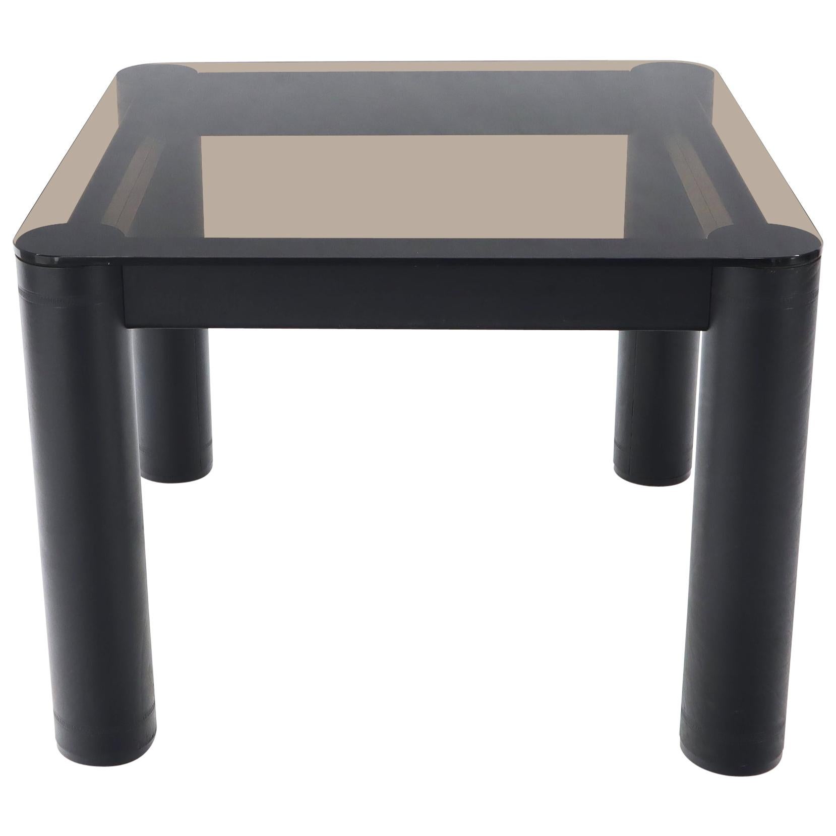 Embossed Leather Wrapped Square Rounded Corners Game Table with Smoked Glass Top