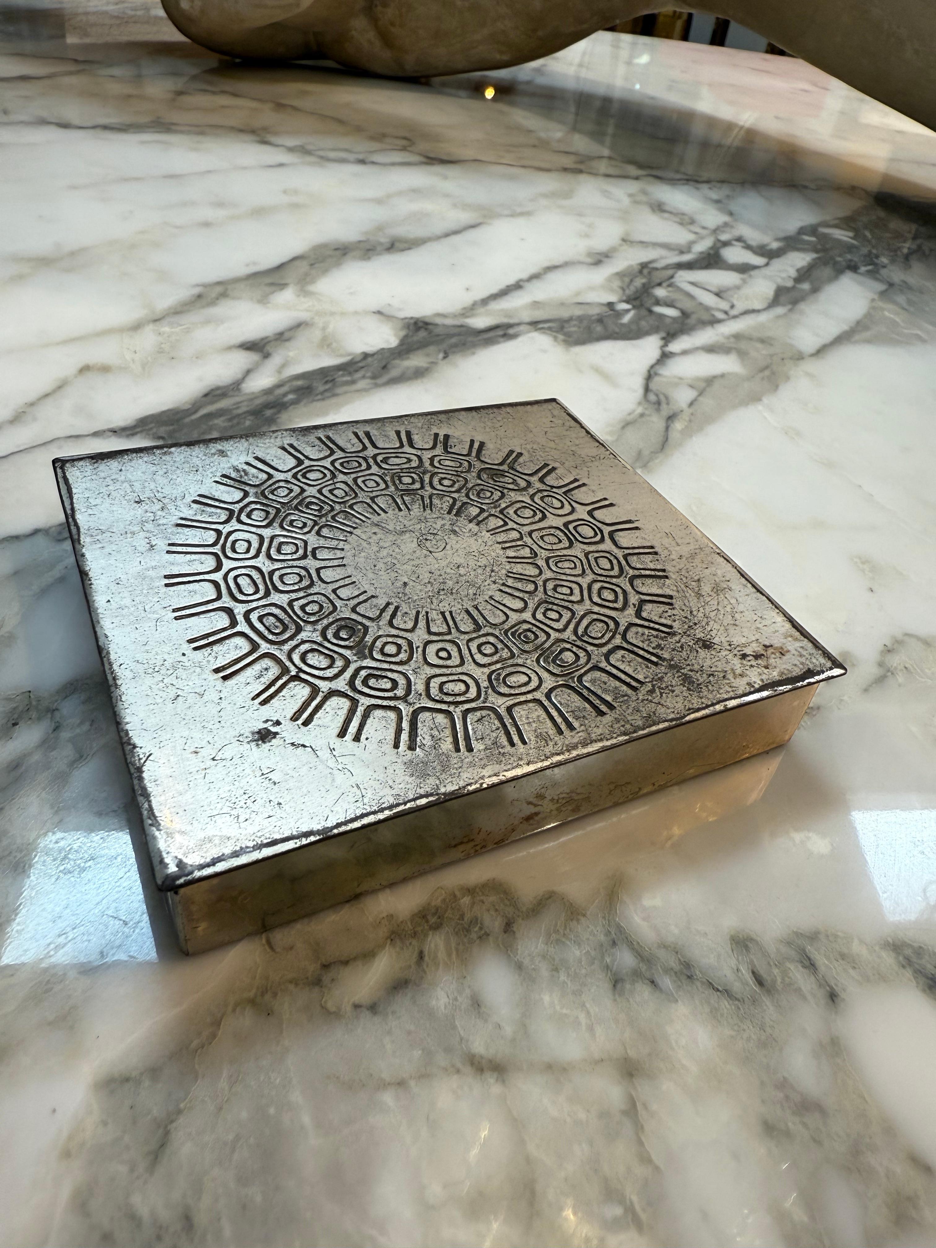 Modern Embossed Metal Box with Geometric Sunburst Pattern For Sale