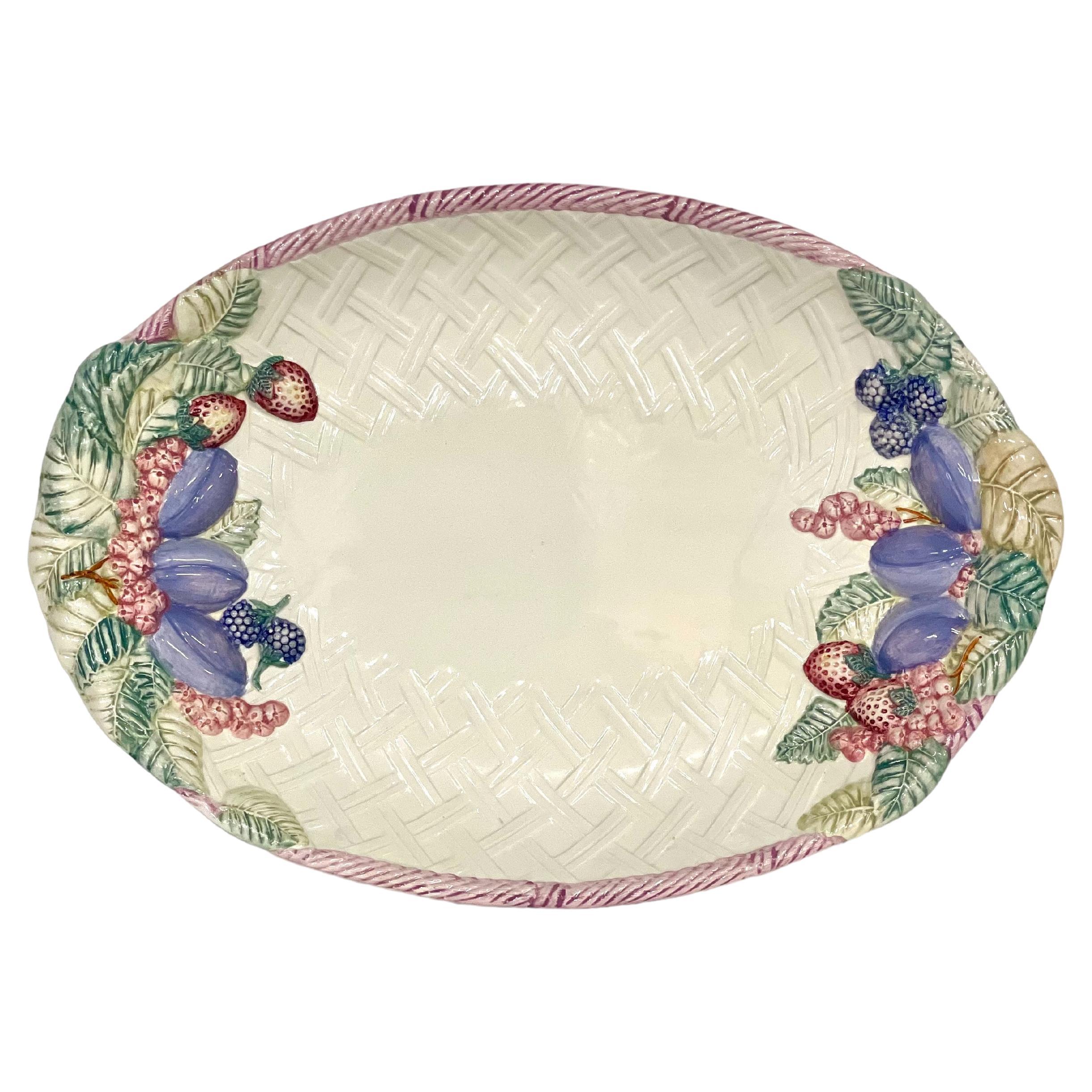 French Majolica Embossed Oval Serving Platter with Decoration of Fruit For Sale