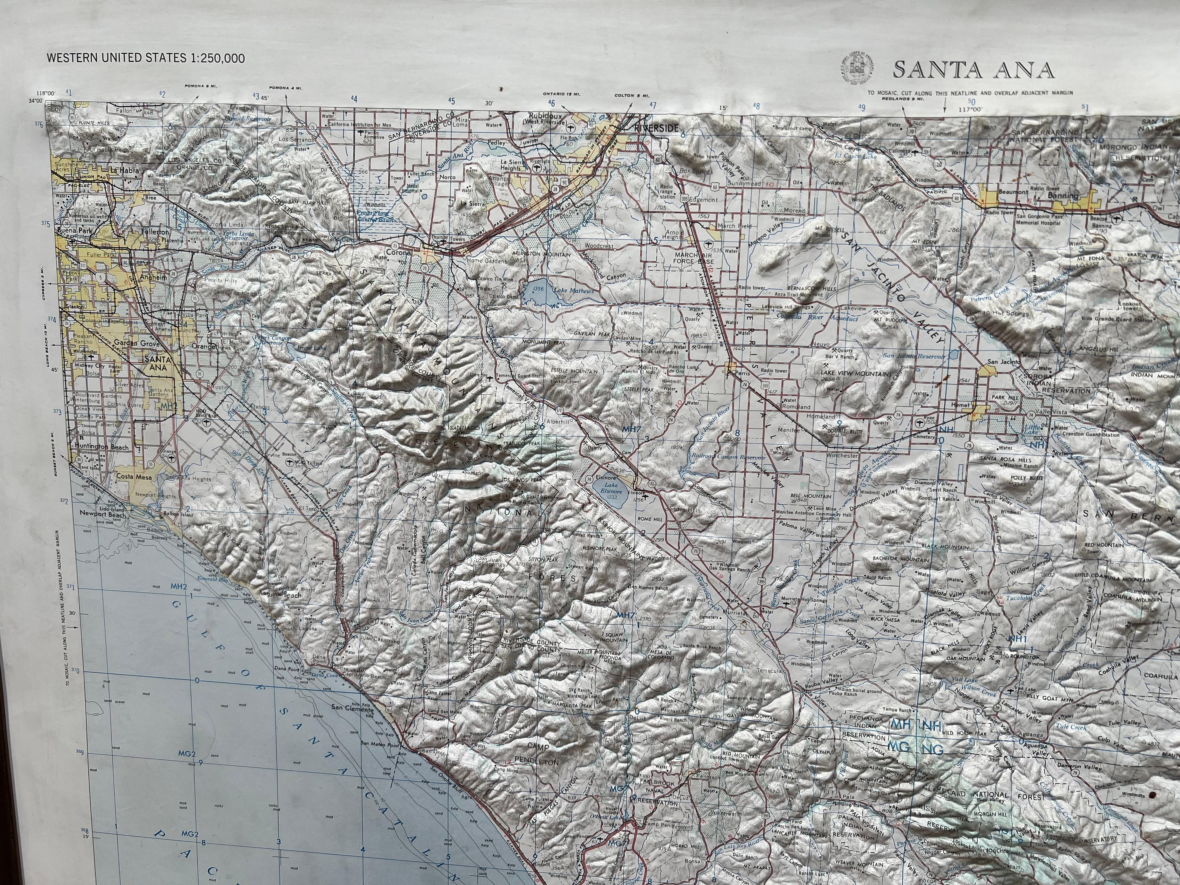 This map creates the illusion of 3D by applying Digital Elevation Data and meticulously adding shaded relief to the landscape of the original 1959 Santa Ana, CA map.
This mao has been reprinted and molded in 1969.